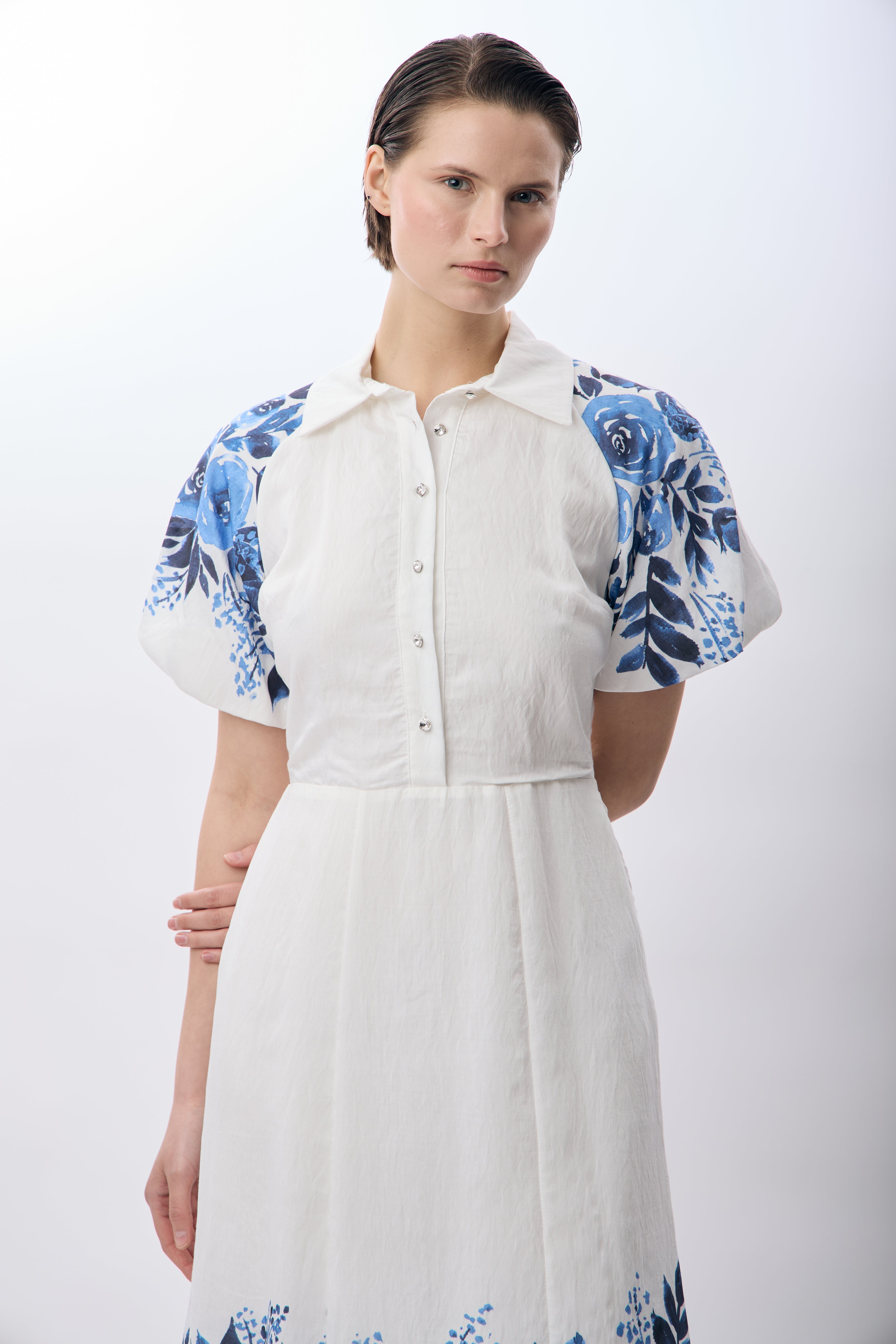 Diagonal-Balon Kollu Desenli Maksi Elbise (Ekru)-ELBİSE-3-Milagron.com