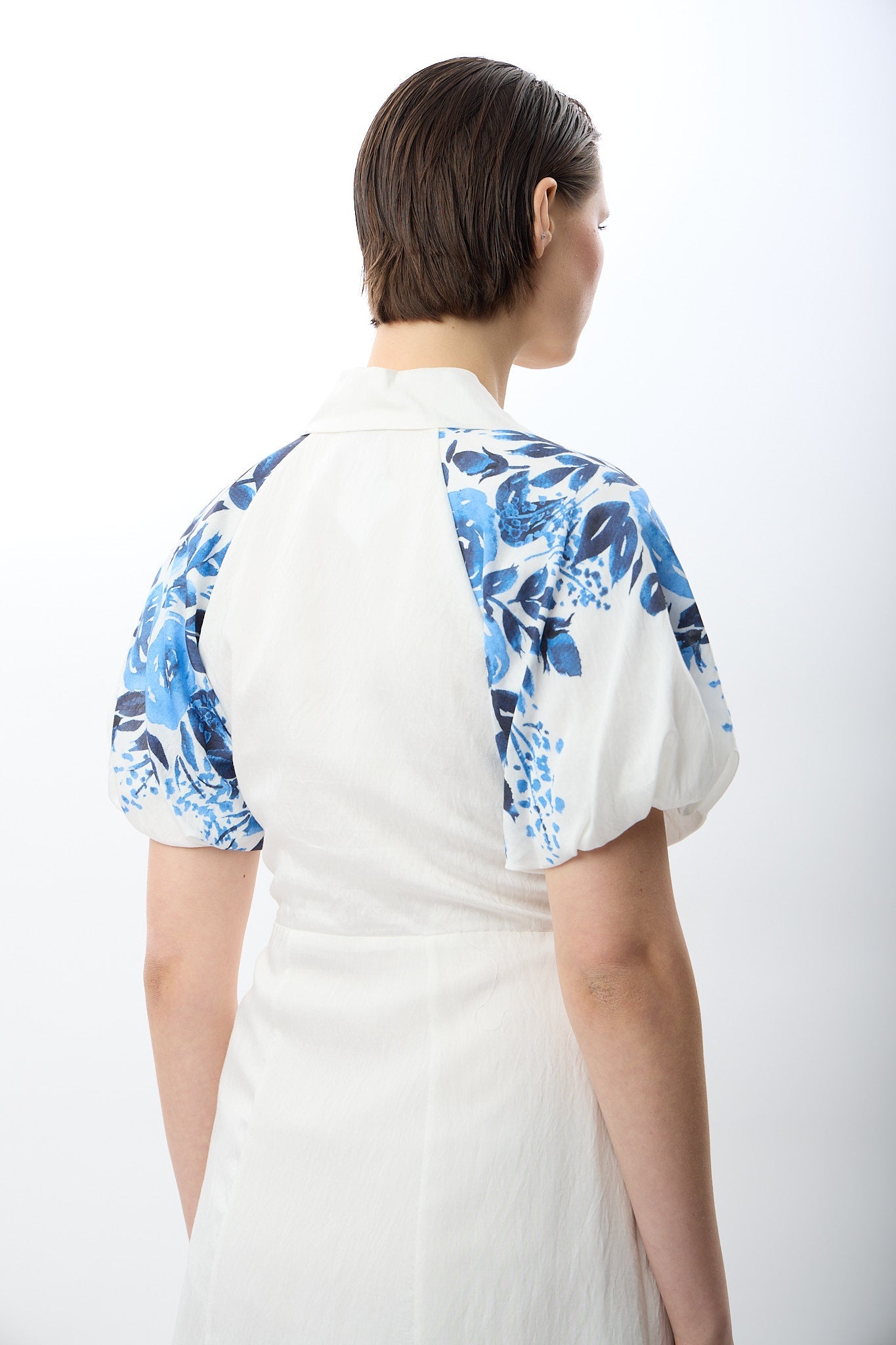 Diagonal-Balon Kollu Desenli Maksi Elbise (Ekru)-ELBİSE-7-Milagron.com