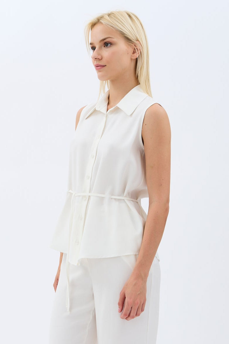 Diagonal-Bel Bağcıklı Kolsuz Gömlek Yaka Bluz-Gömlek-2-Milagron.com