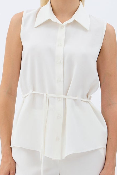 Diagonal-Bel Bağcıklı Kolsuz Gömlek Yaka Bluz-Gömlek-4-Milagron.com