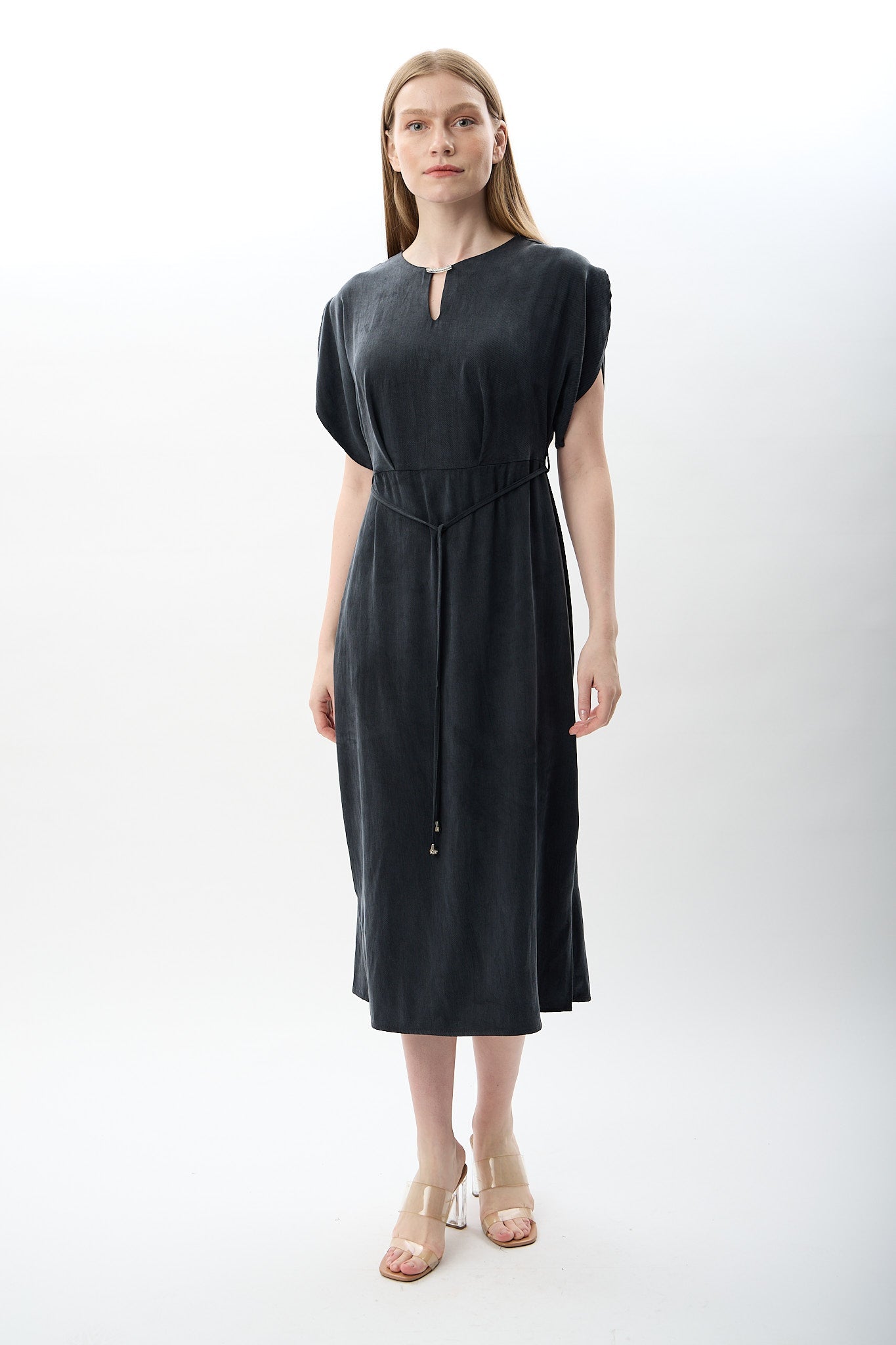 Diagonal-Belden Bağlamalı Yırtmaçlı Elbise (Lacivert)-ELBİSE-1-Milagron.com