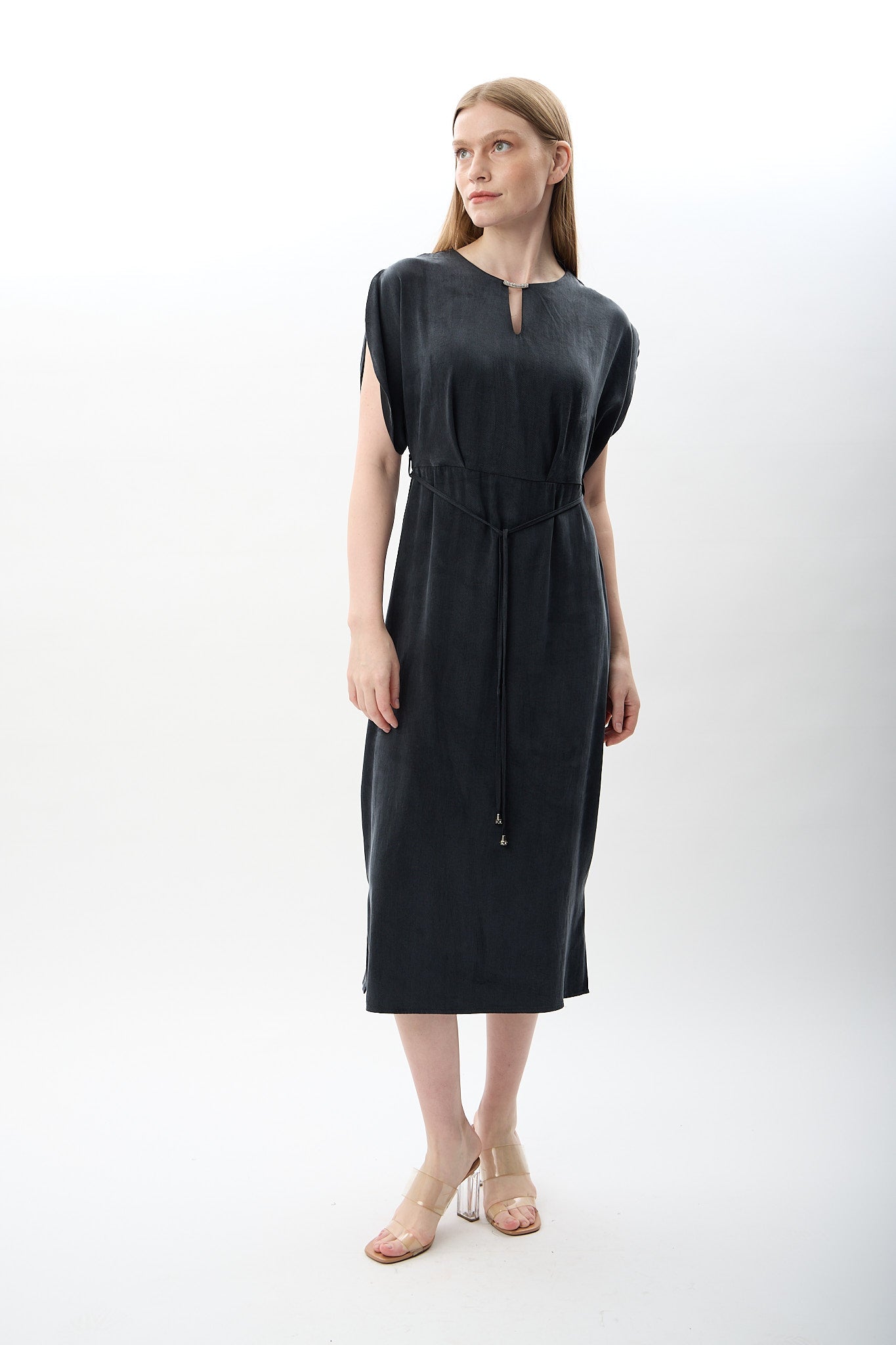 Diagonal-Belden Bağlamalı Yırtmaçlı Elbise (Lacivert)-ELBİSE-2-Milagron.com