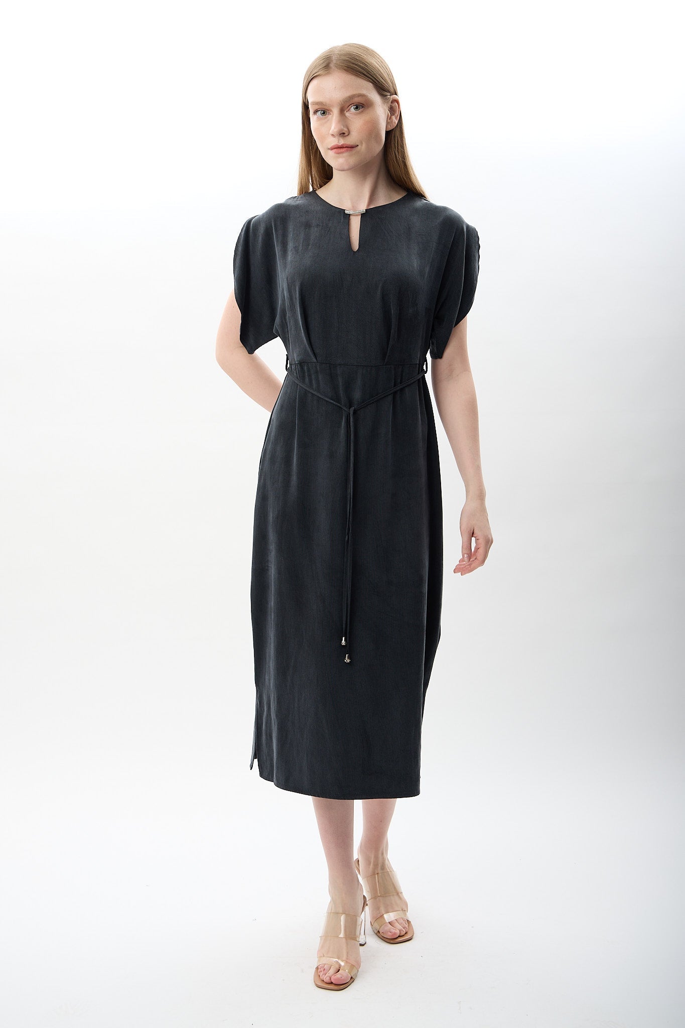 Diagonal-Belden Bağlamalı Yırtmaçlı Elbise (Lacivert)-ELBİSE-3-Milagron.com