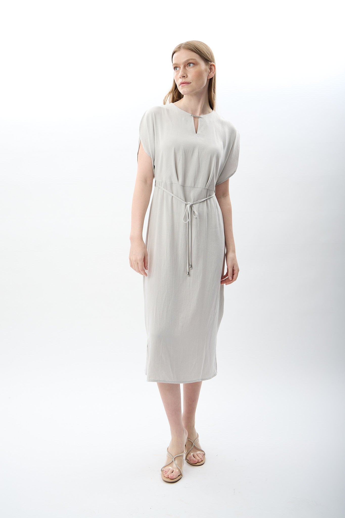 Diagonal-Belden Bağlamalı Yırtmaçlı Elbise (Gri)-ELBİSE-4-Milagron.com