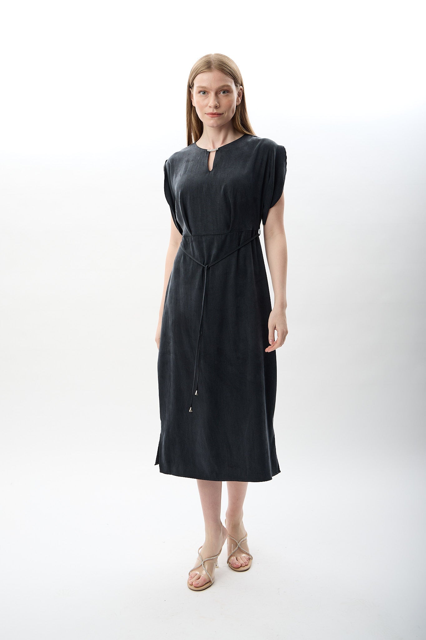 Diagonal-Belden Bağlamalı Yırtmaçlı Elbise (Lacivert)-ELBİSE-6-Milagron.com