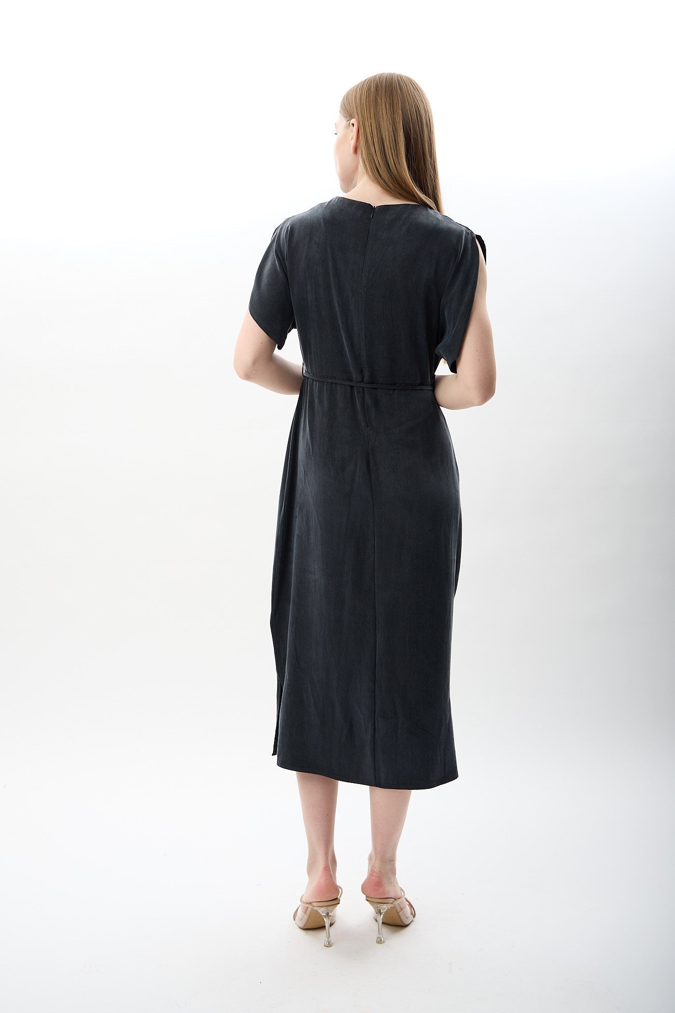 Diagonal-Belden Bağlamalı Yırtmaçlı Elbise (Lacivert)-ELBİSE-8-Milagron.com