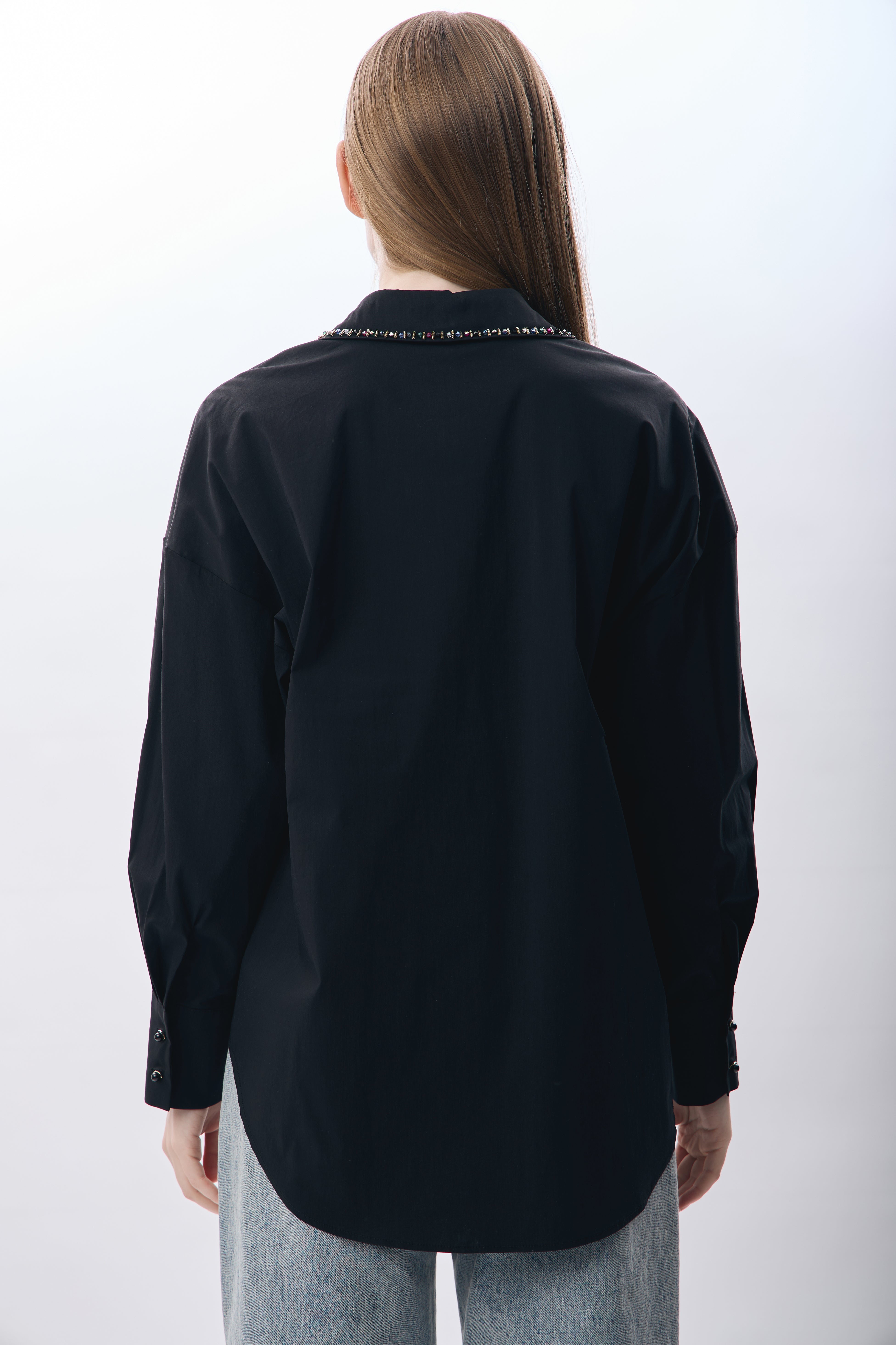 Diagonal-Boncuk Detaylı Rahat Kesim Gömlek-Gömlek-4-Milagron.com