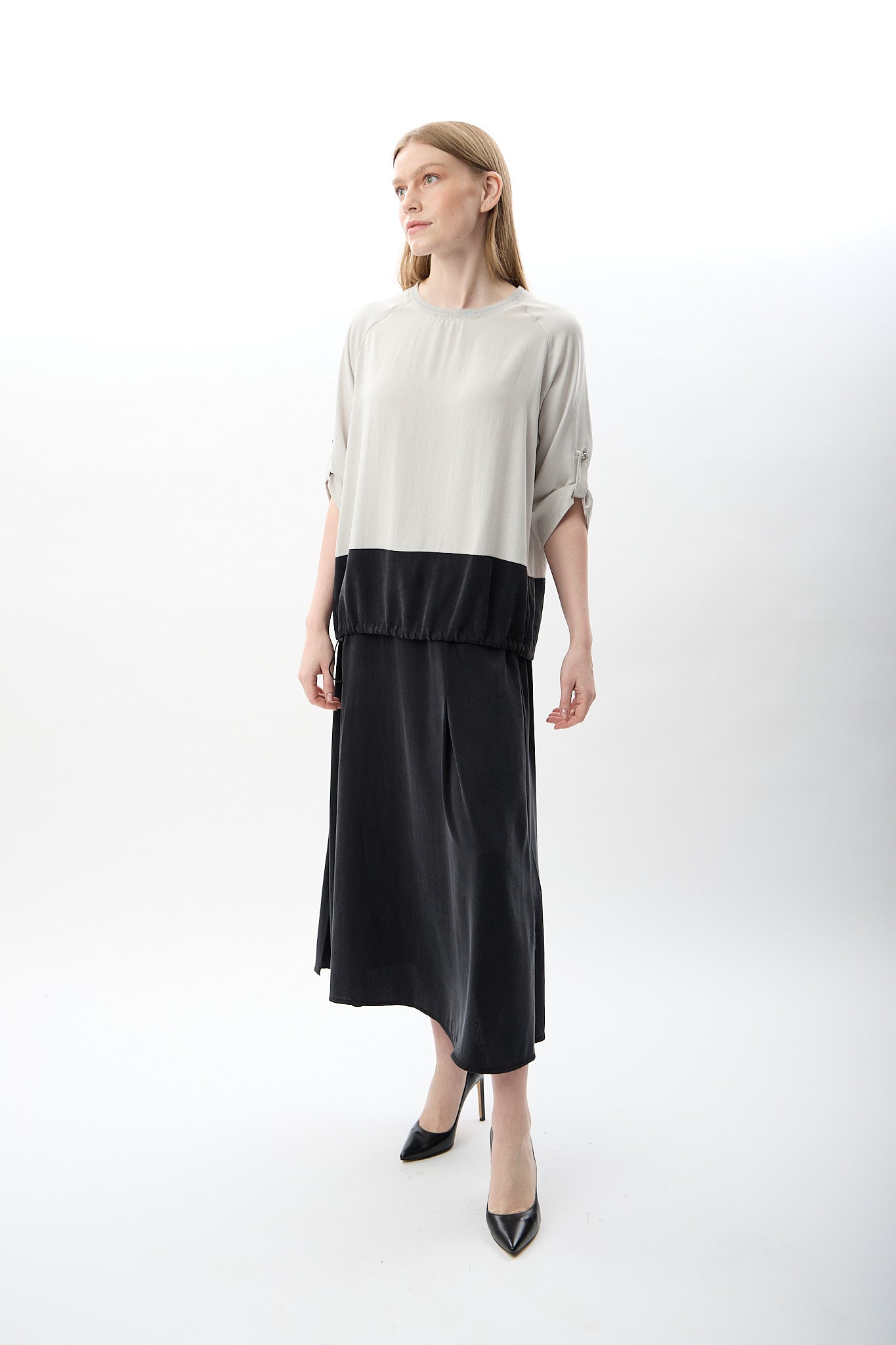 Diagonal-Büzgü Ayarlı İki Renkli Sweatshirt-Sweatshirts & Hoodies-2-Milagron.com