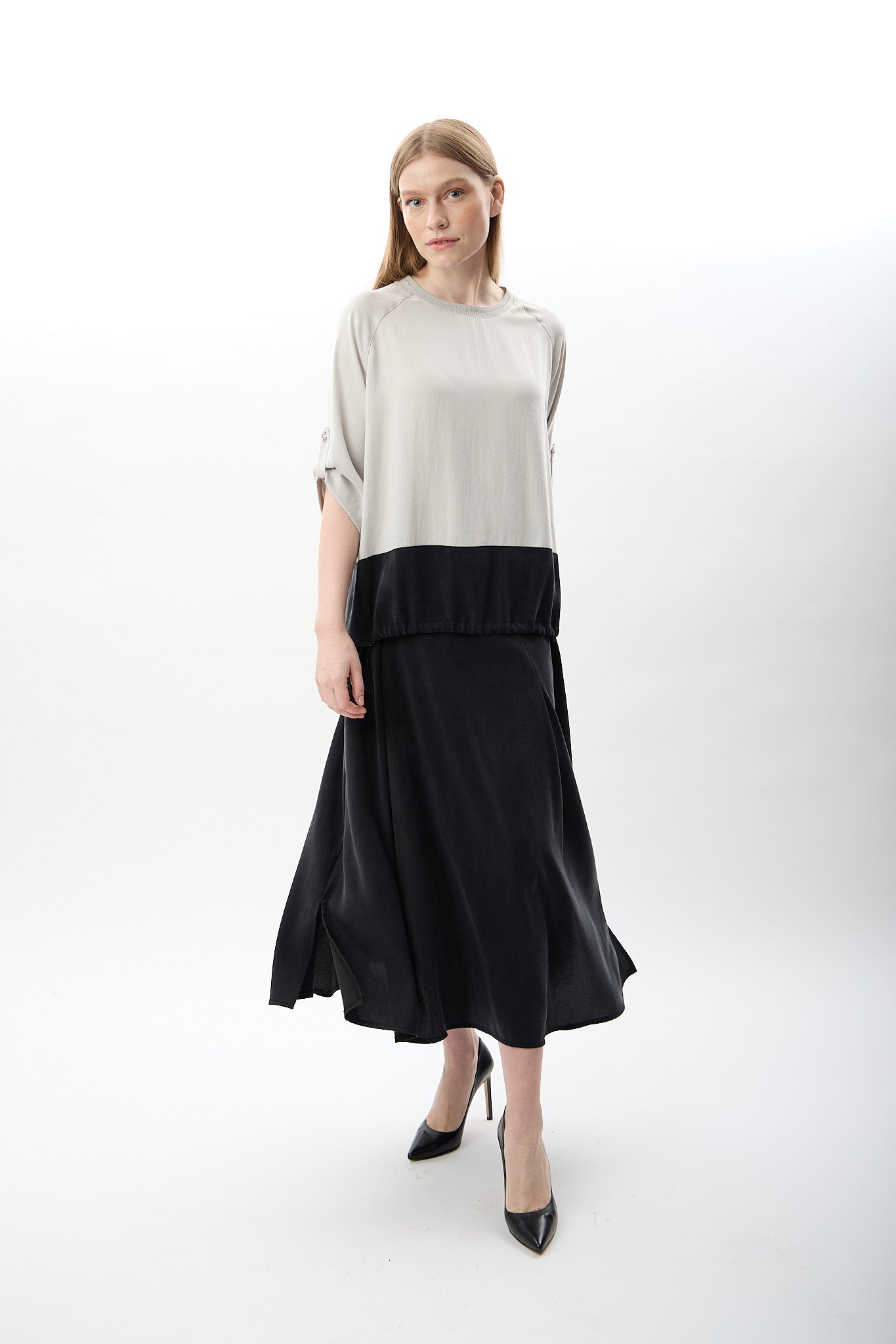 Diagonal-Büzgü Ayarlı İki Renkli Sweatshirt-Sweatshirts & Hoodies-3-Milagron.com