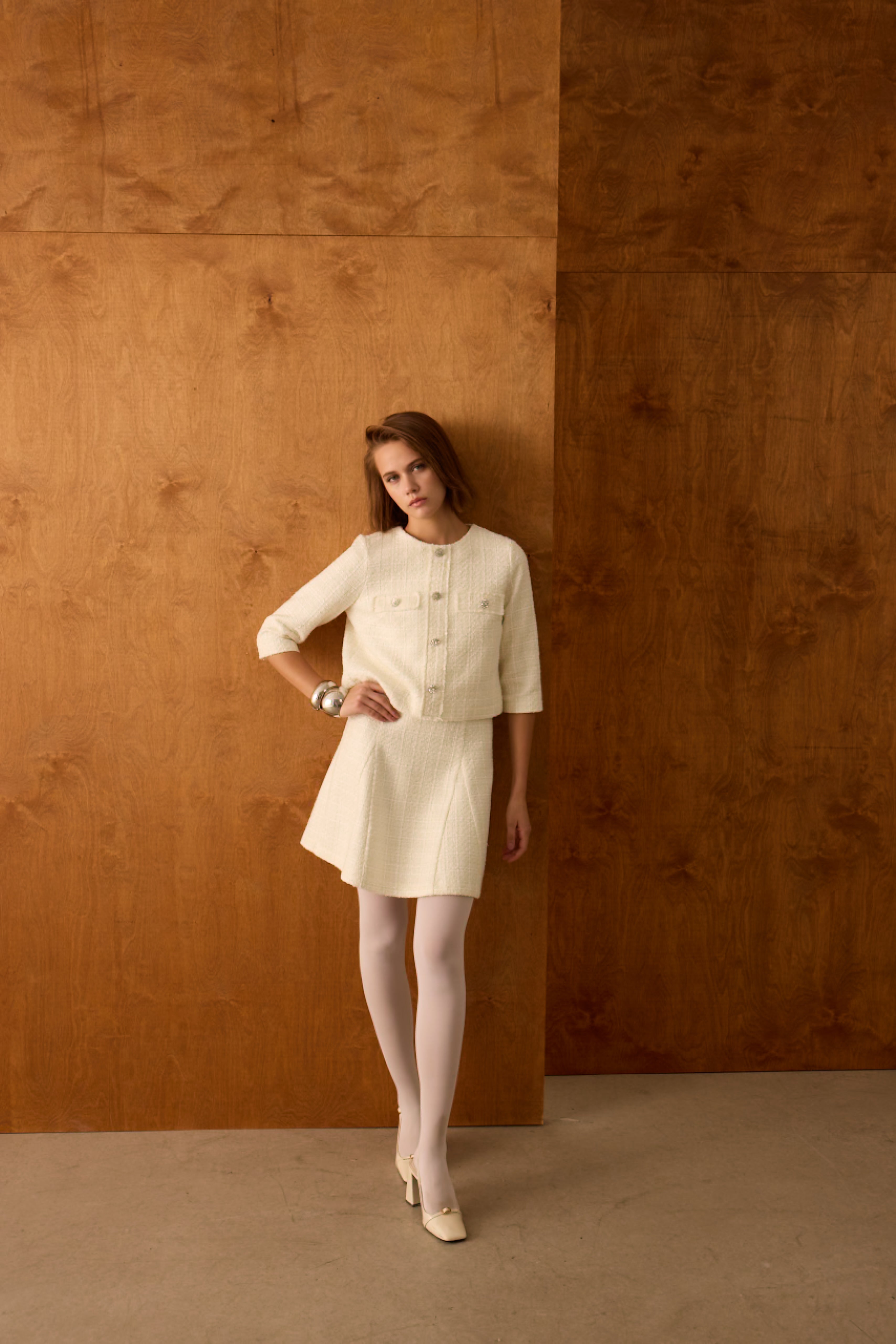 Diagonal-Ceket Elbise İkili Ekru Takım-Alt - Üst Takım-10-Milagron.com