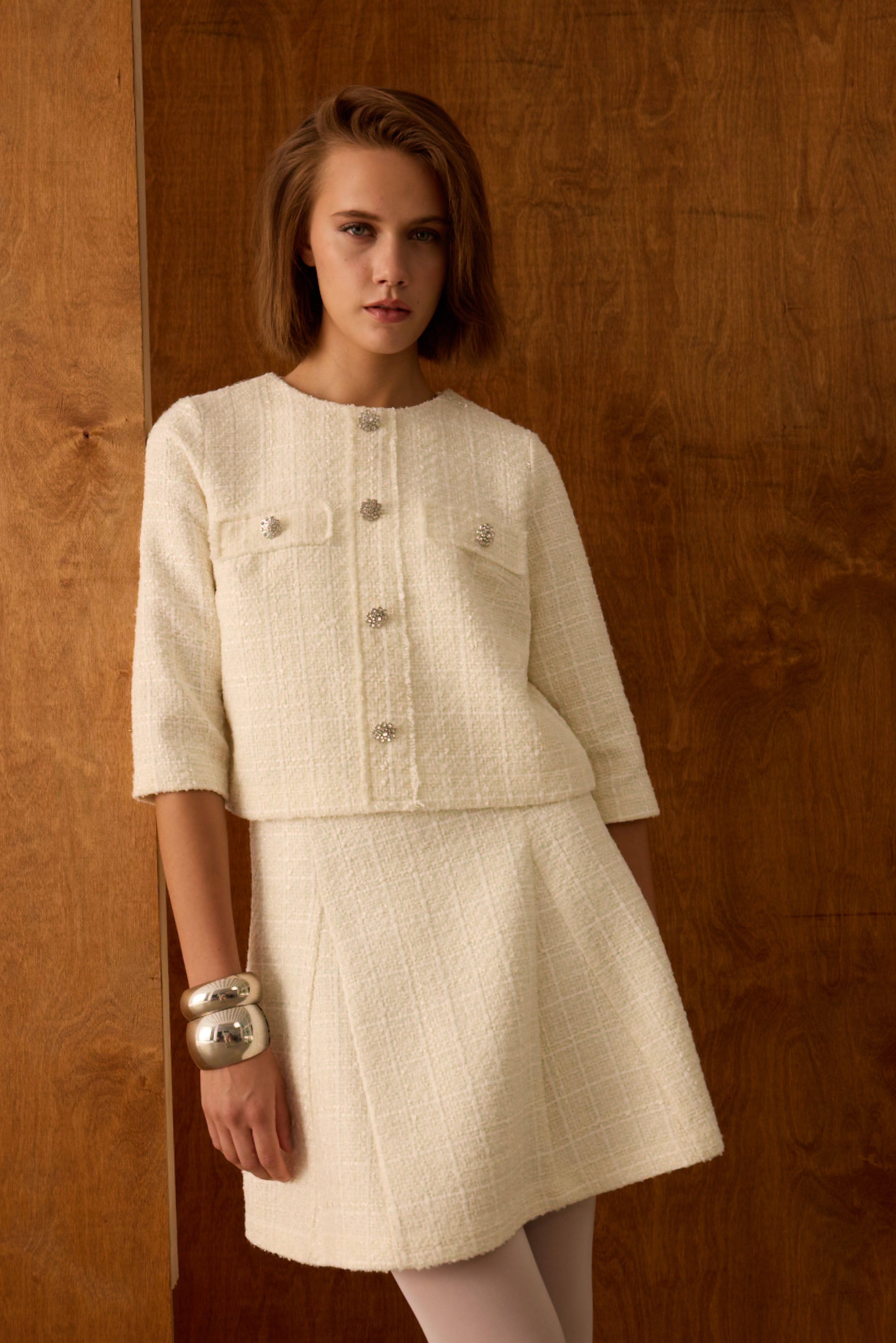 Diagonal-Ceket Elbise İkili Ekru Takım-Alt - Üst Takım-8-Milagron.com