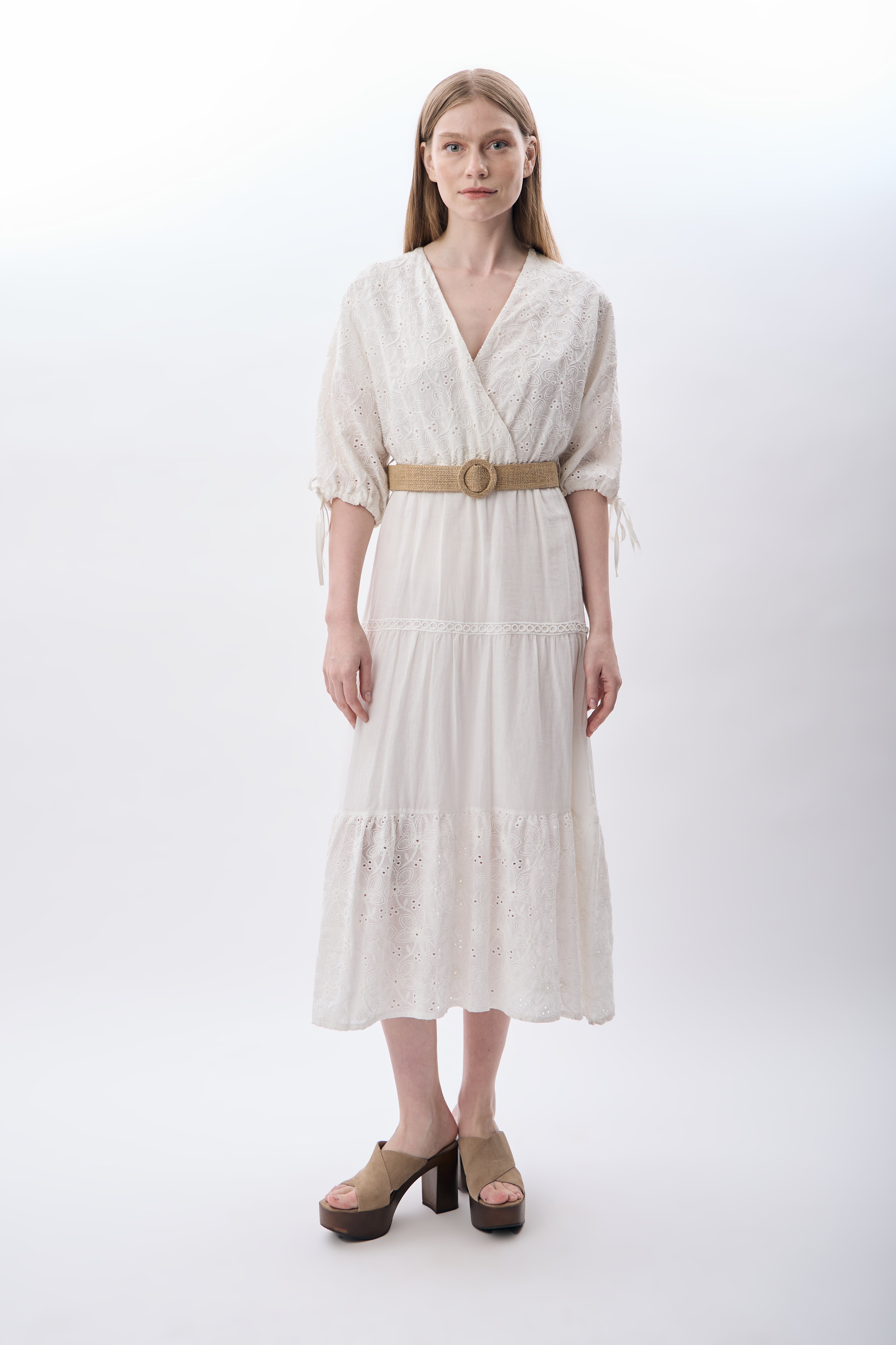 Diagonal-Dantelli V Yaka Elbise (Beyaz)-ELBİSE-1-Milagron.com