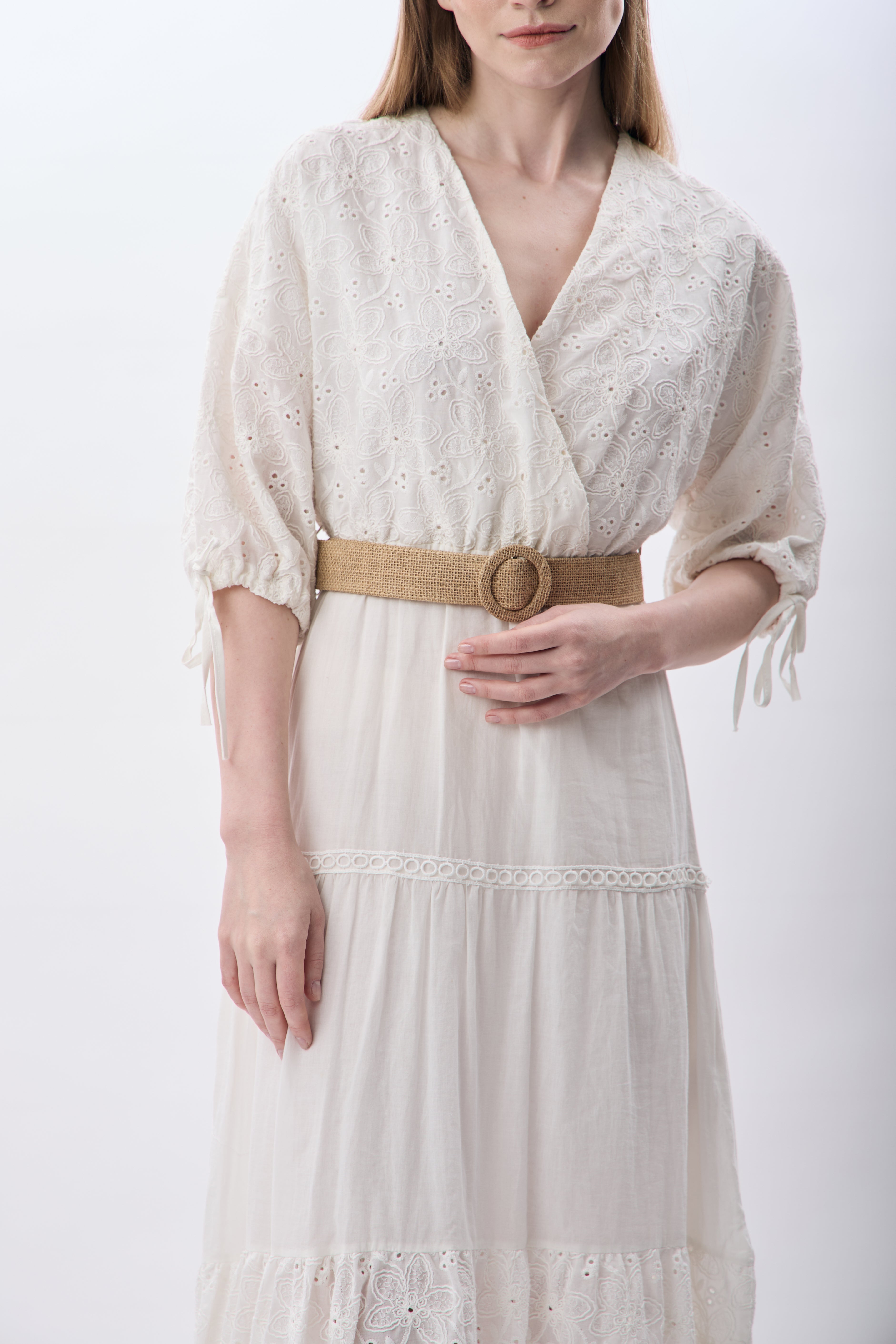 Diagonal-Dantelli V Yaka Elbise (Beyaz)-ELBİSE-3-Milagron.com