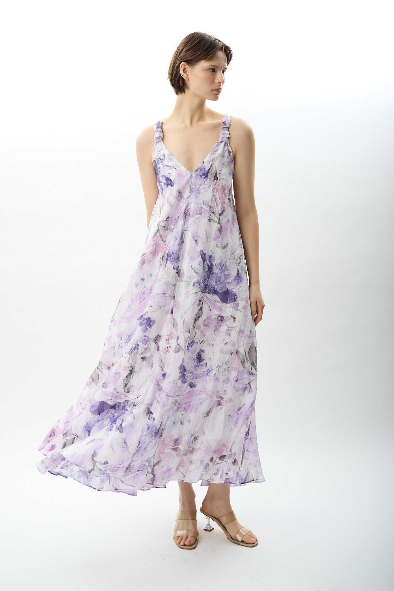 Diagonal-Desenli Ve Dökümlü Maxi Elbise (Lila)-ELBİSE-1-Milagron.com