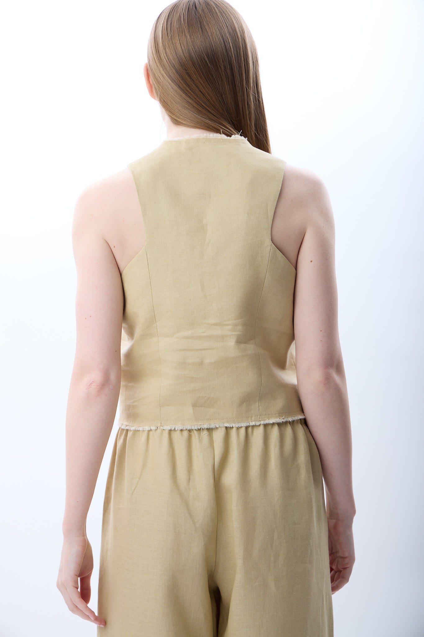 Diagonal-Düğmeli Keten Kolsuz Yelek (Bej)-YELEK-6-Milagron.com