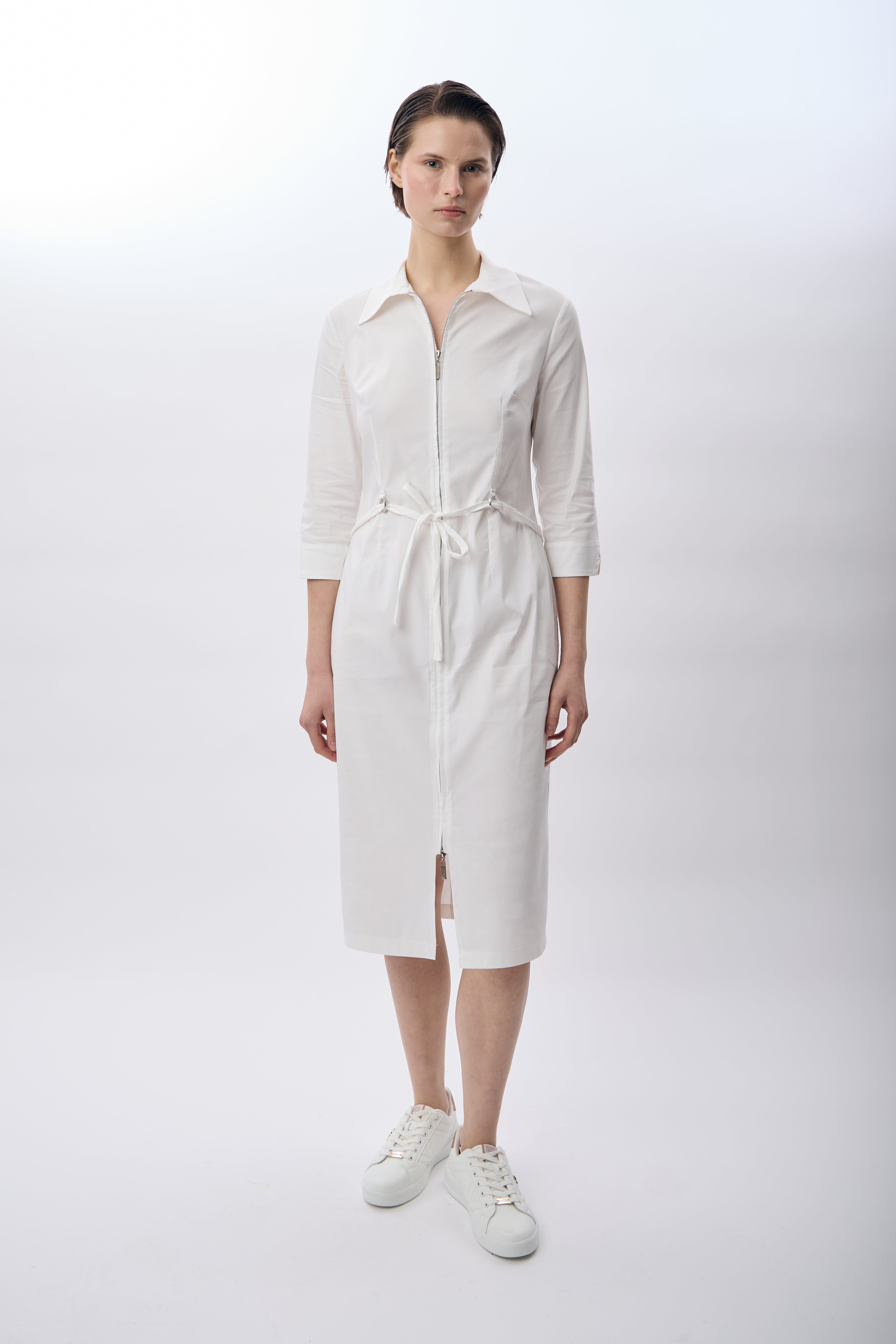 Diagonal-Fermuarlı Gömlek Yaka Elbise (Ekru)-ELBİSE-1-Milagron.com