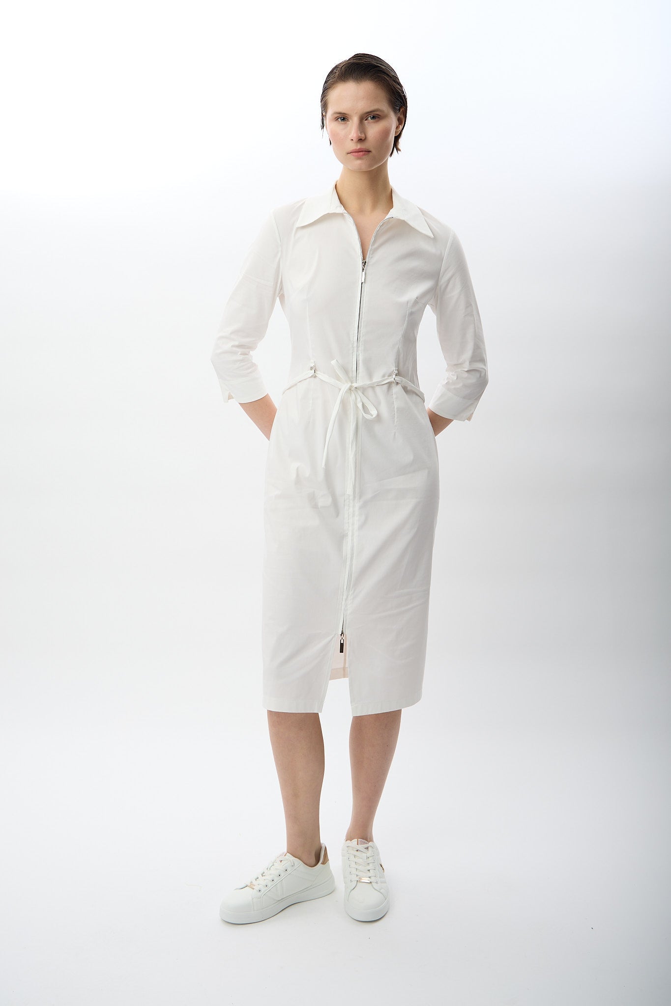 Diagonal-Fermuarlı Gömlek Yaka Elbise (Ekru)-ELBİSE-3-Milagron.com