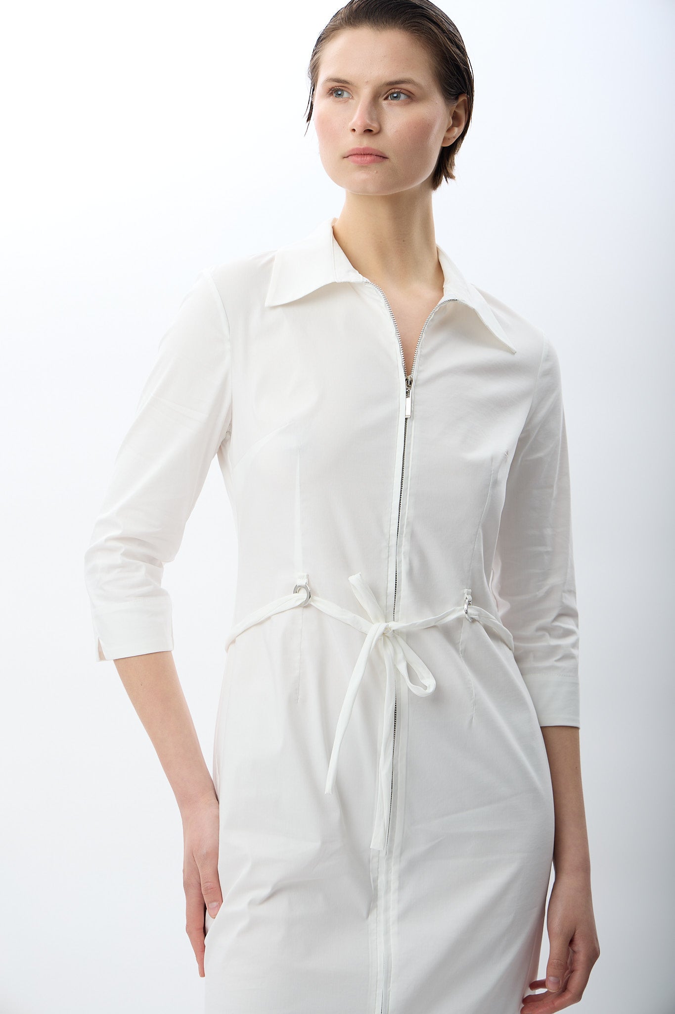 Diagonal-Fermuarlı Gömlek Yaka Elbise (Ekru)-ELBİSE-5-Milagron.com