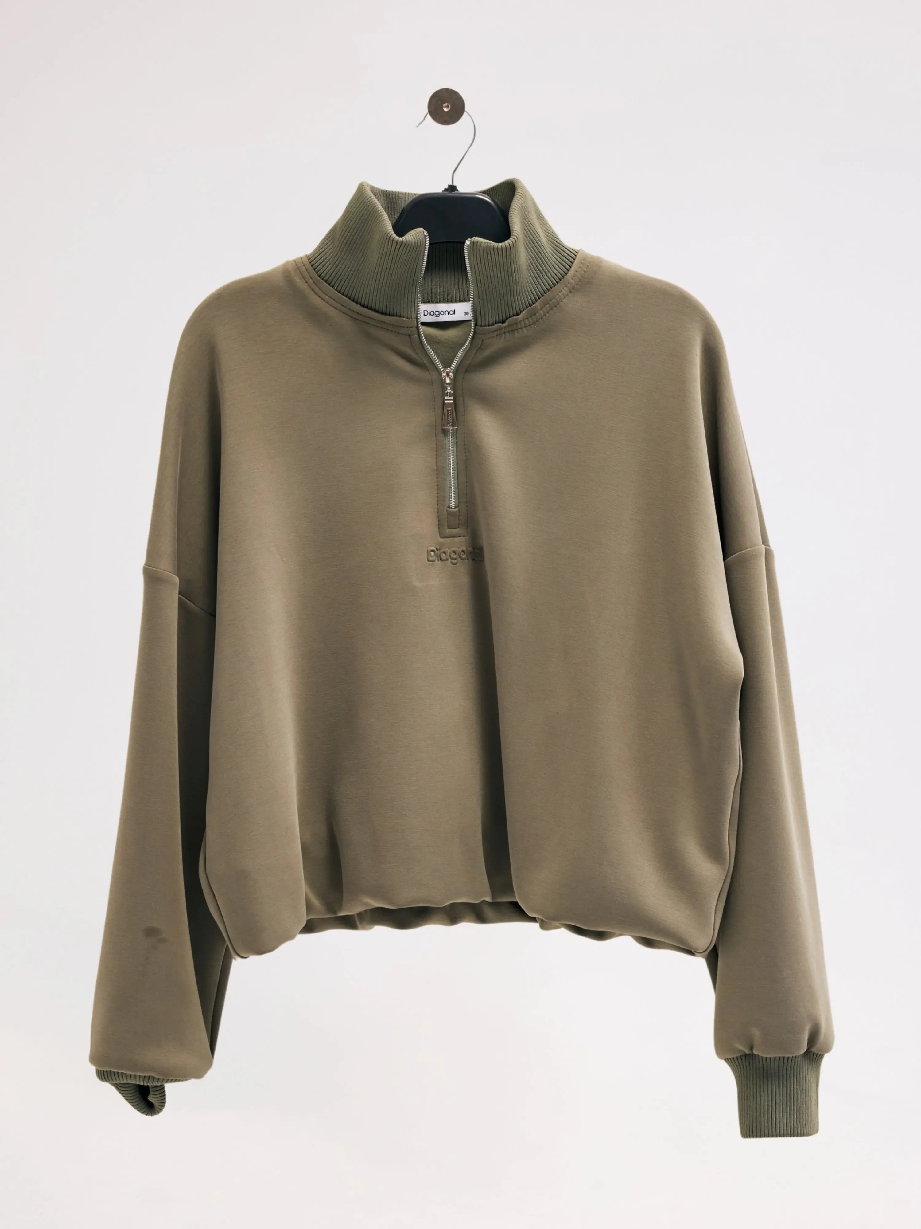 Diagonal-Fermuarlı Haki Sweatshirt-Sweatshirts & Hoodies-10-Milagron.com