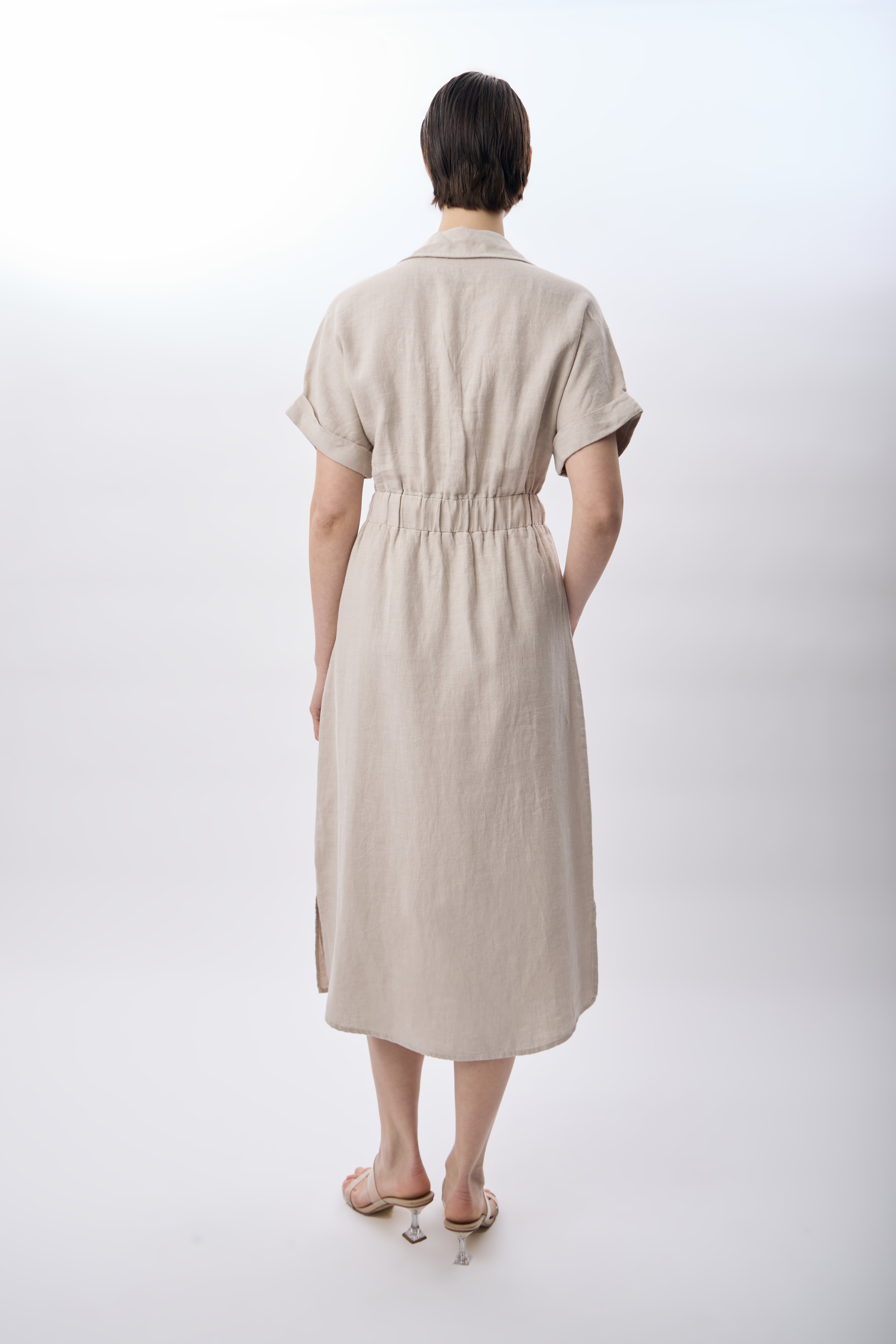 Diagonal-Gömlek Yaka Cepli Elbise (Bej)-ELBİSE-10-Milagron.com