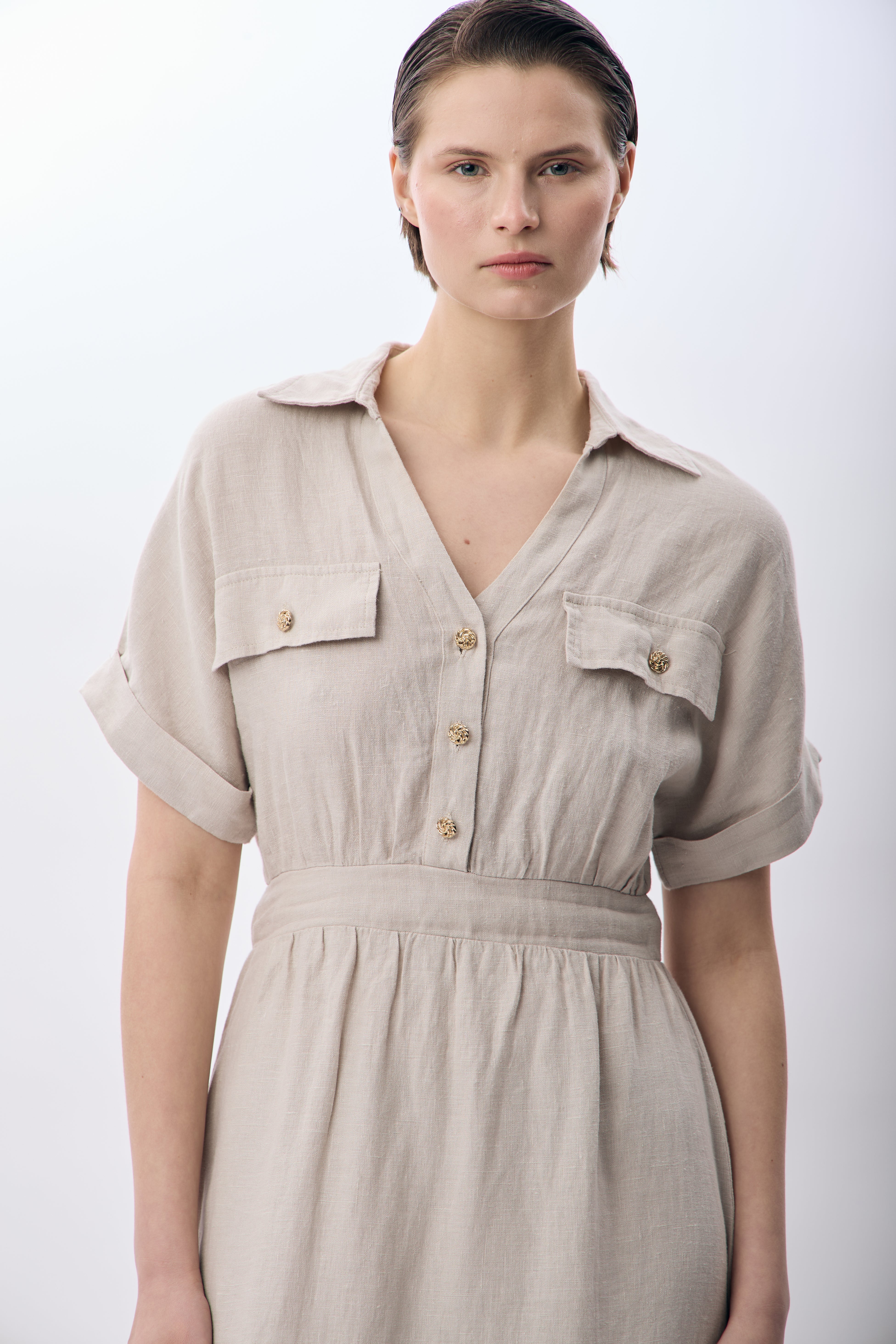 Diagonal-Gömlek Yaka Cepli Elbise (Bej)-ELBİSE-2-Milagron.com