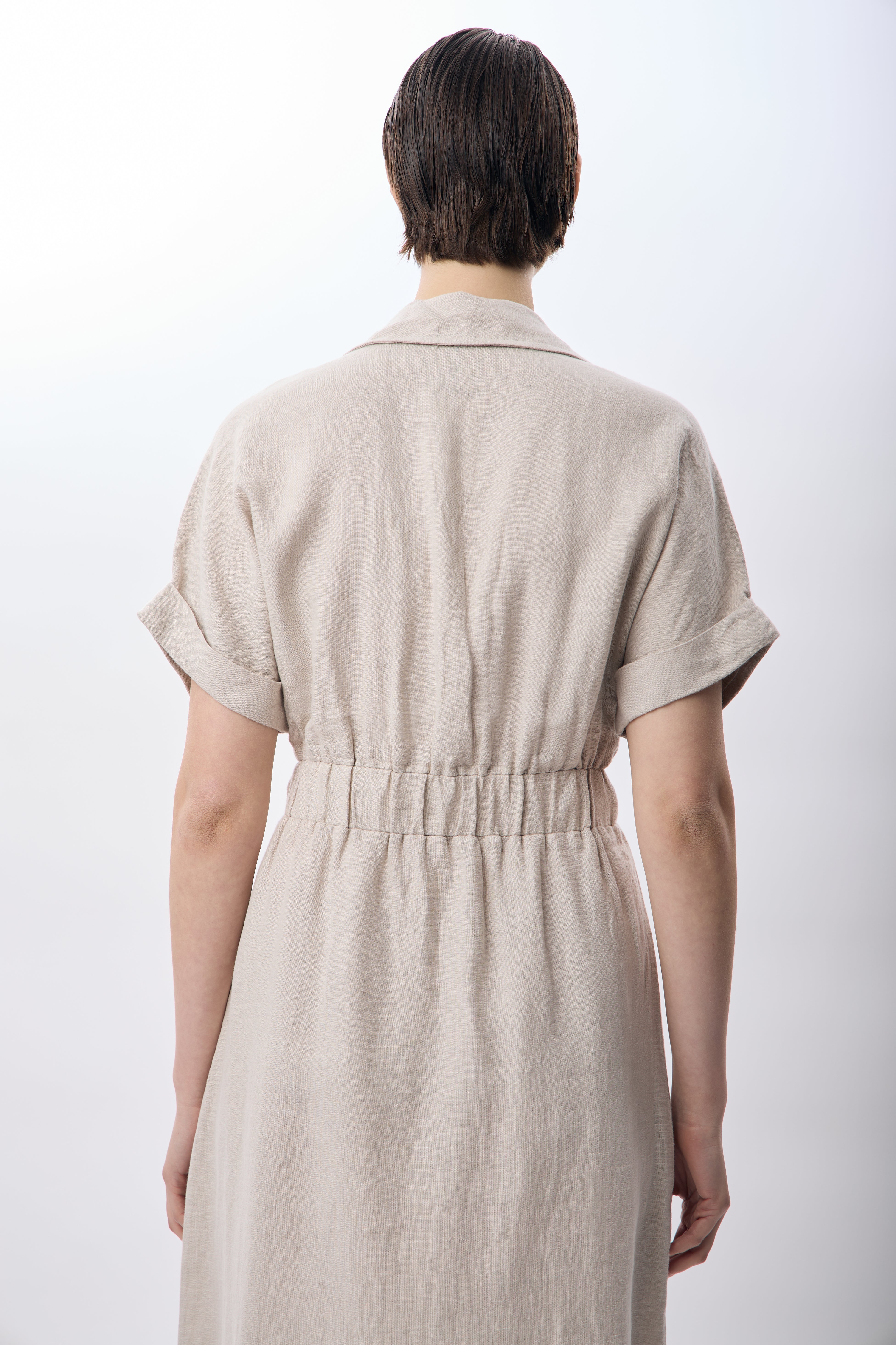 Diagonal-Gömlek Yaka Cepli Elbise (Bej)-ELBİSE-3-Milagron.com