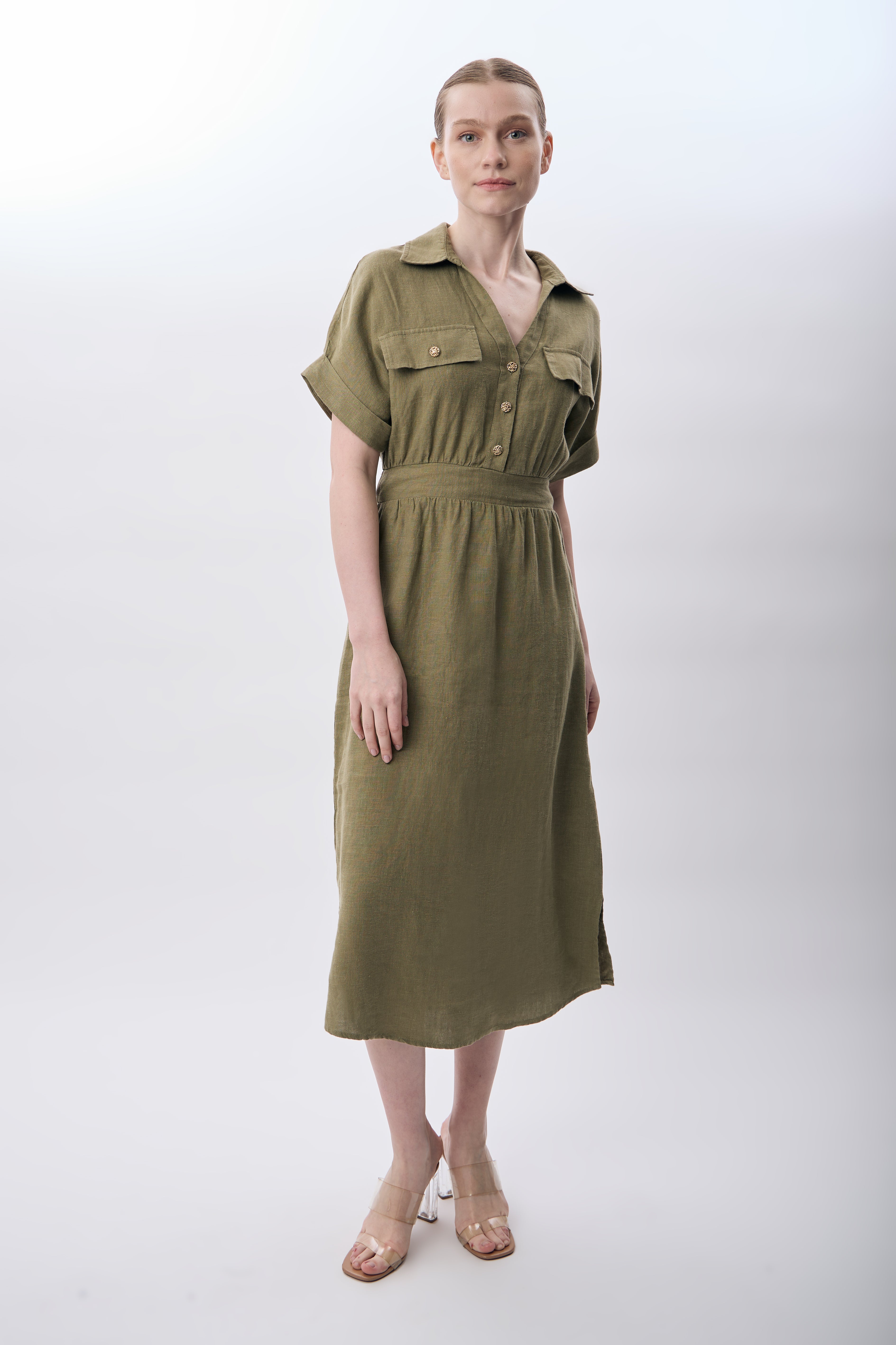 Diagonal-Gömlek Yaka Cepli Elbise (Haki)-ELBİSE-4-Milagron.com