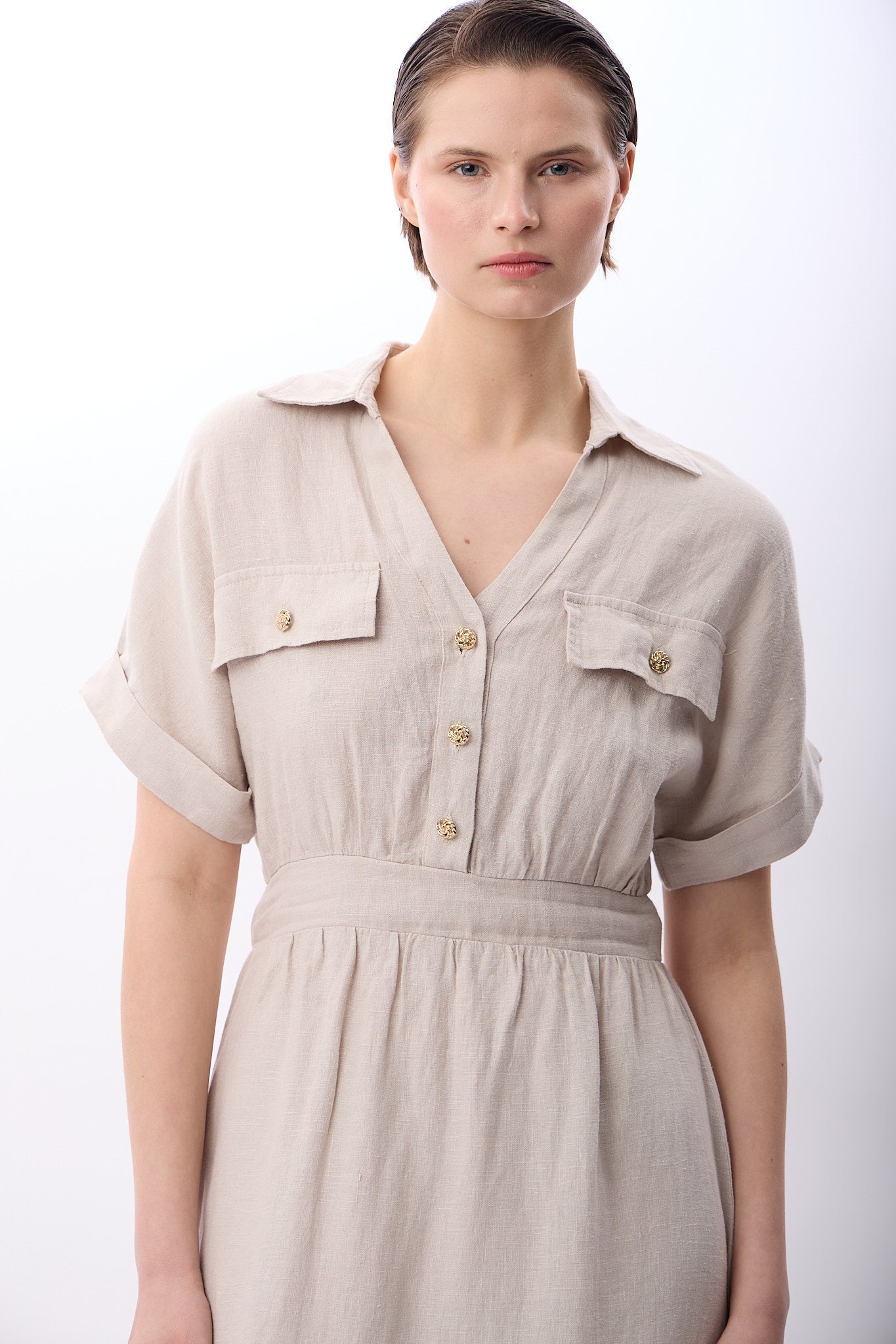 Diagonal-Gömlek Yaka Cepli Elbise (Bej)-ELBİSE-5-Milagron.com