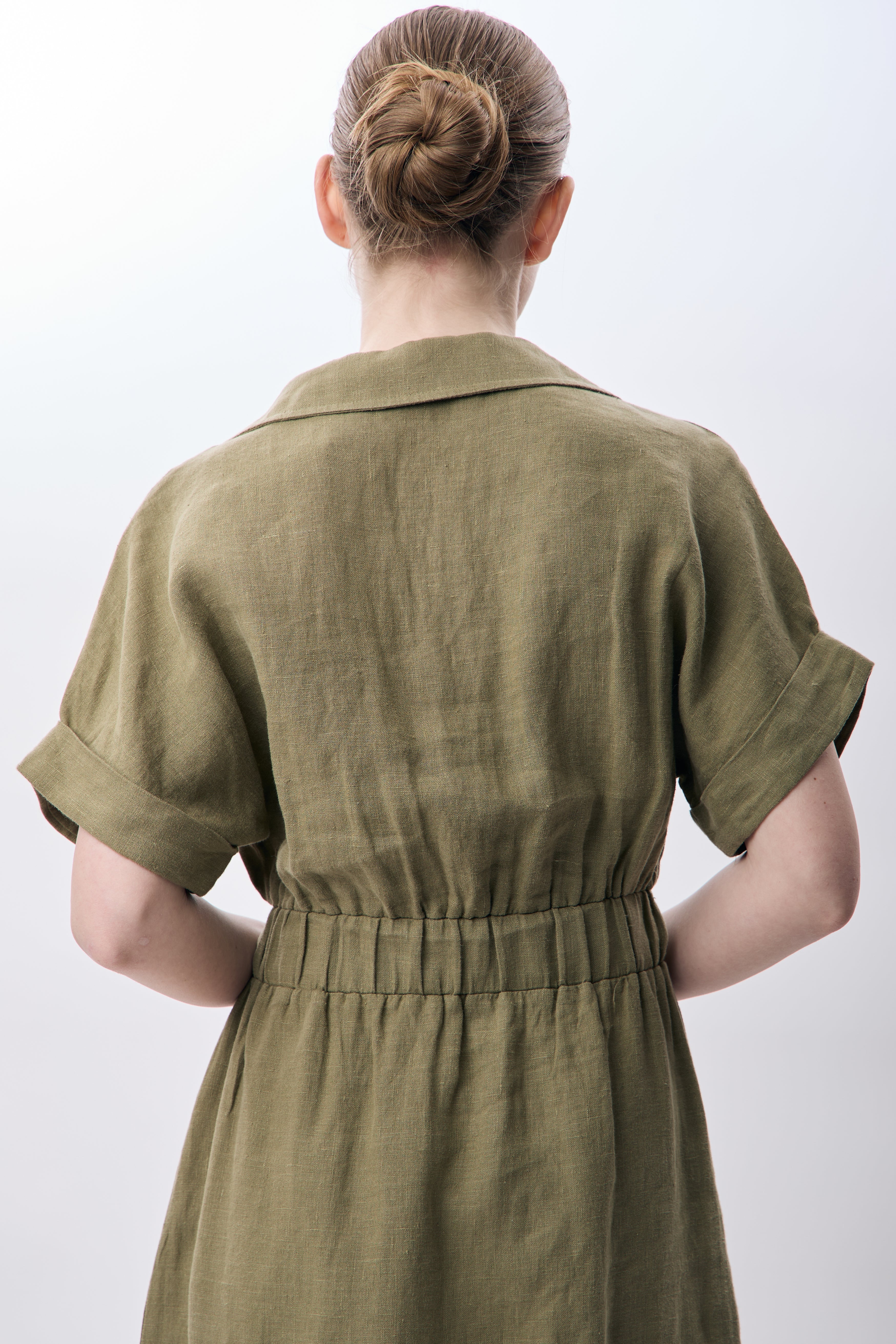 Diagonal-Gömlek Yaka Cepli Elbise (Haki)-ELBİSE-5-Milagron.com