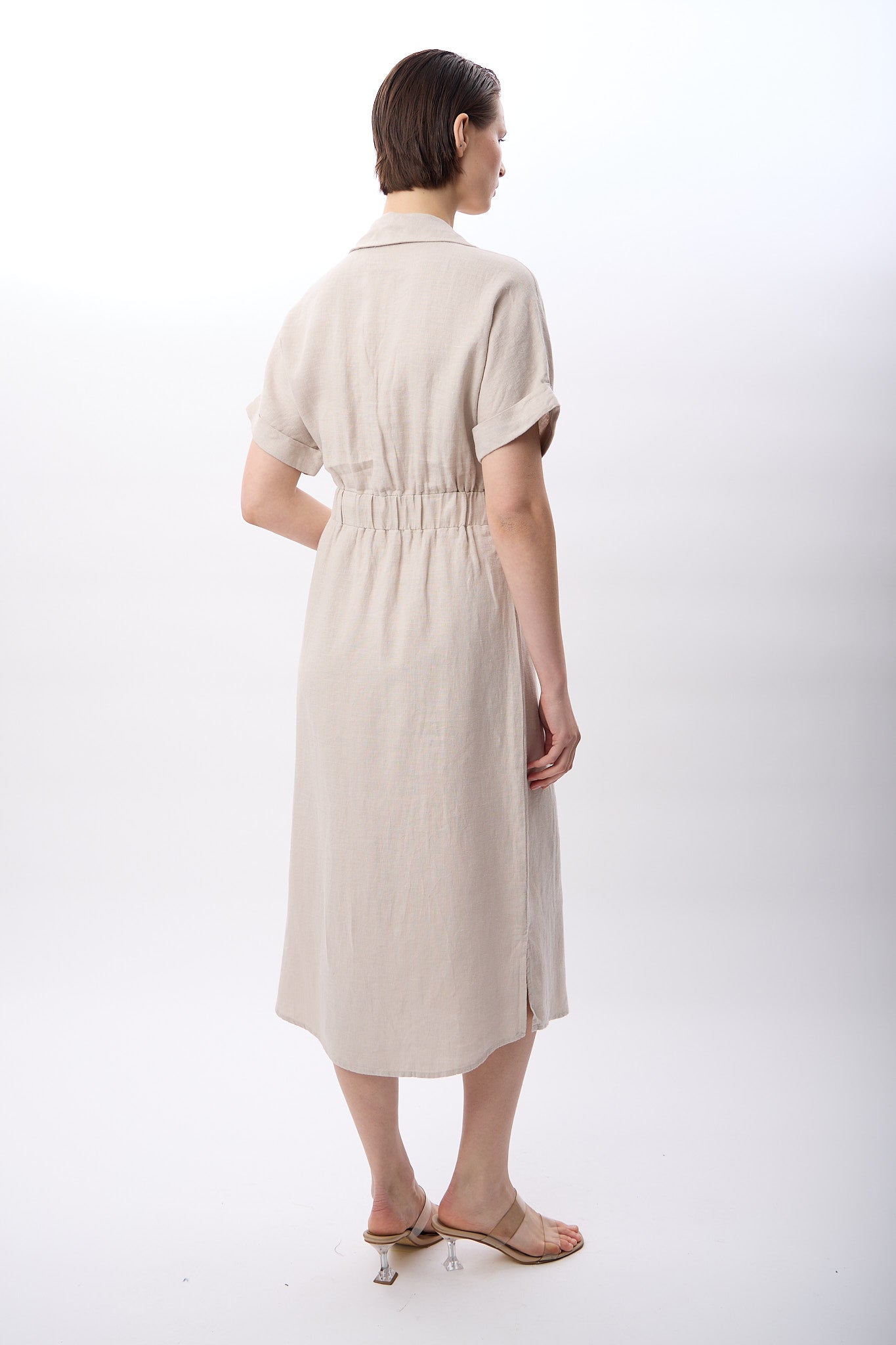 Diagonal-Gömlek Yaka Cepli Elbise (Bej)-ELBİSE-6-Milagron.com