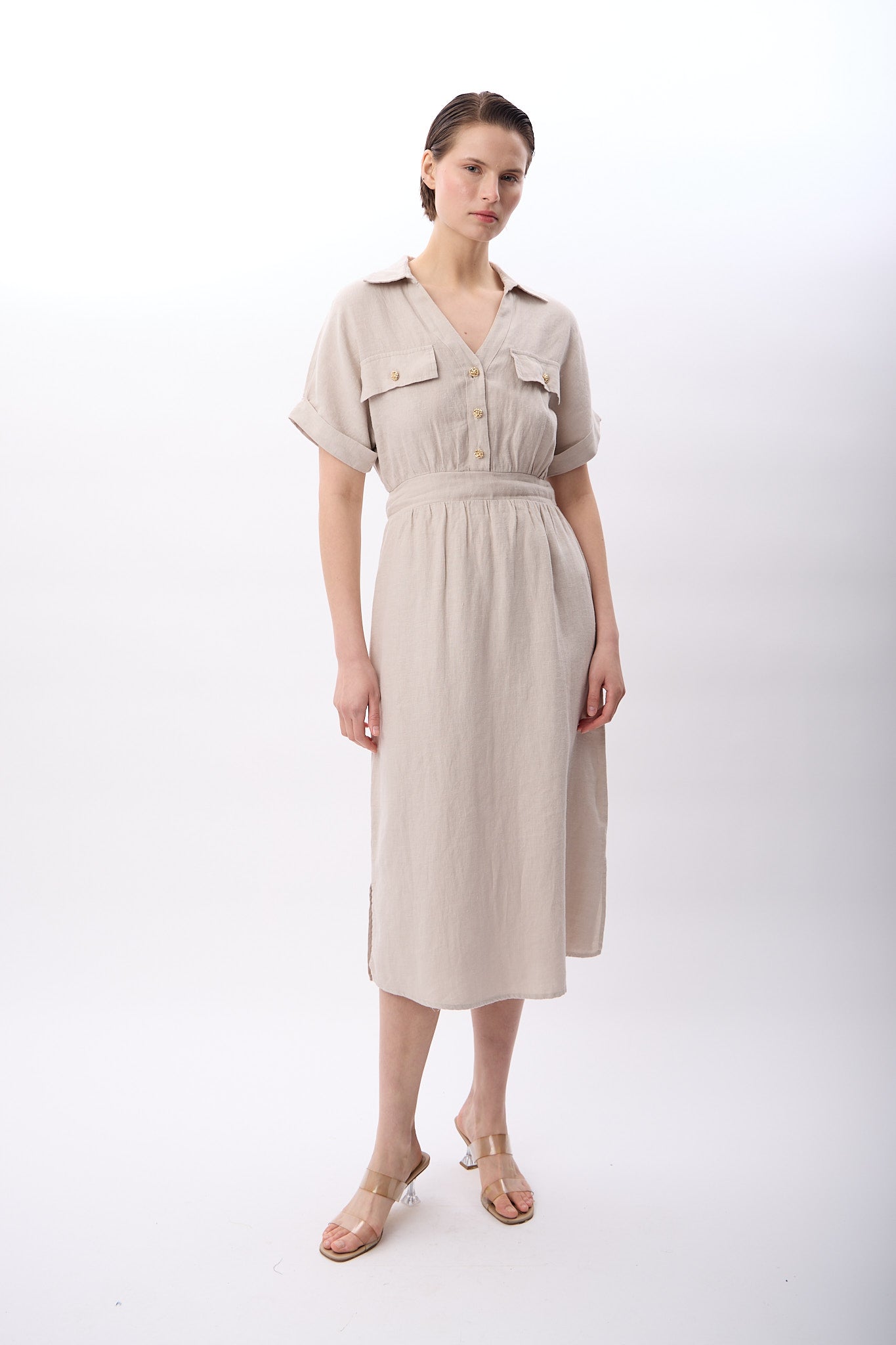 Diagonal-Gömlek Yaka Cepli Elbise (Bej)-ELBİSE-7-Milagron.com