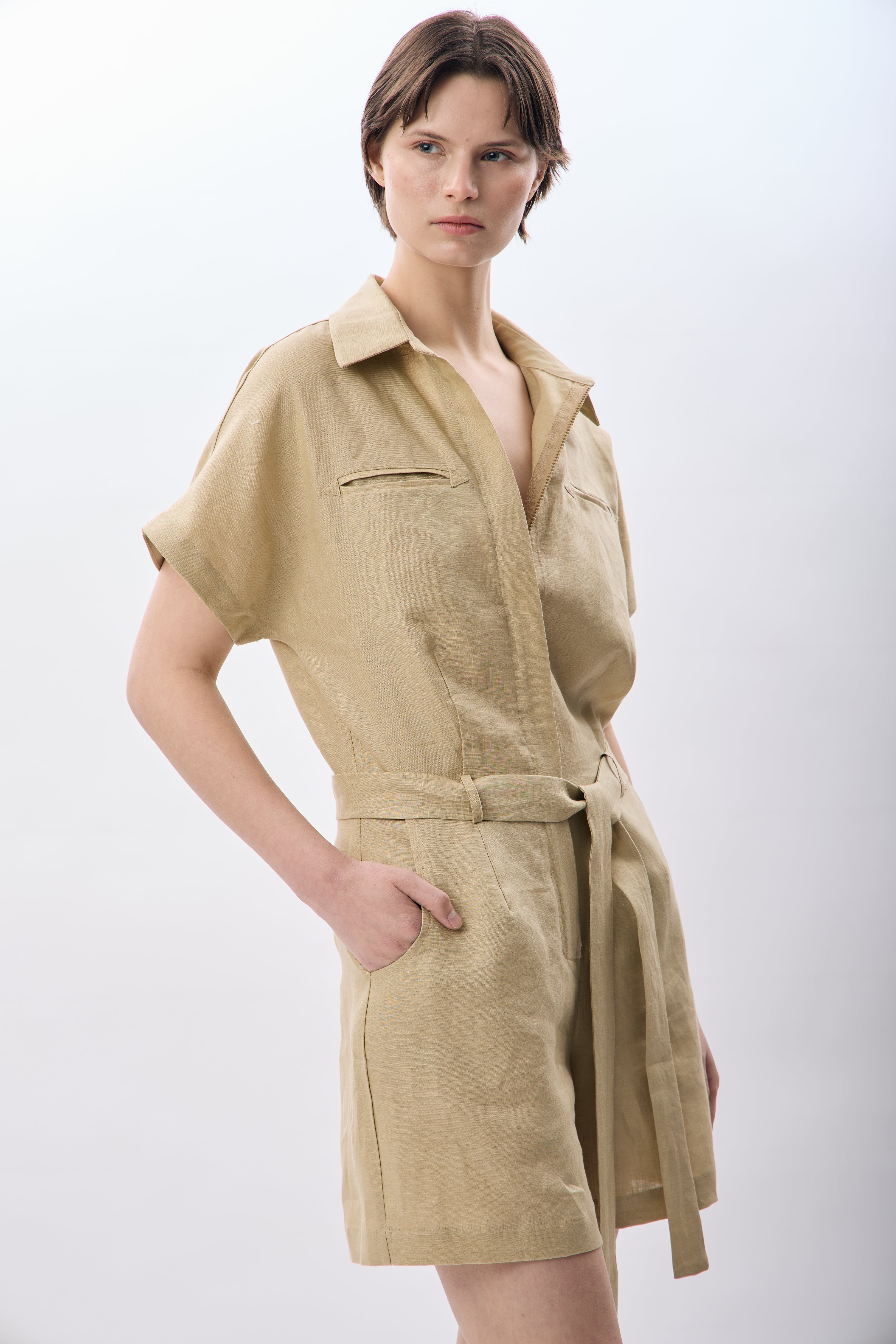 Diagonal-Gömlek Yaka Keten Tulum (Bej)-ELBİSE-11-Milagron.com