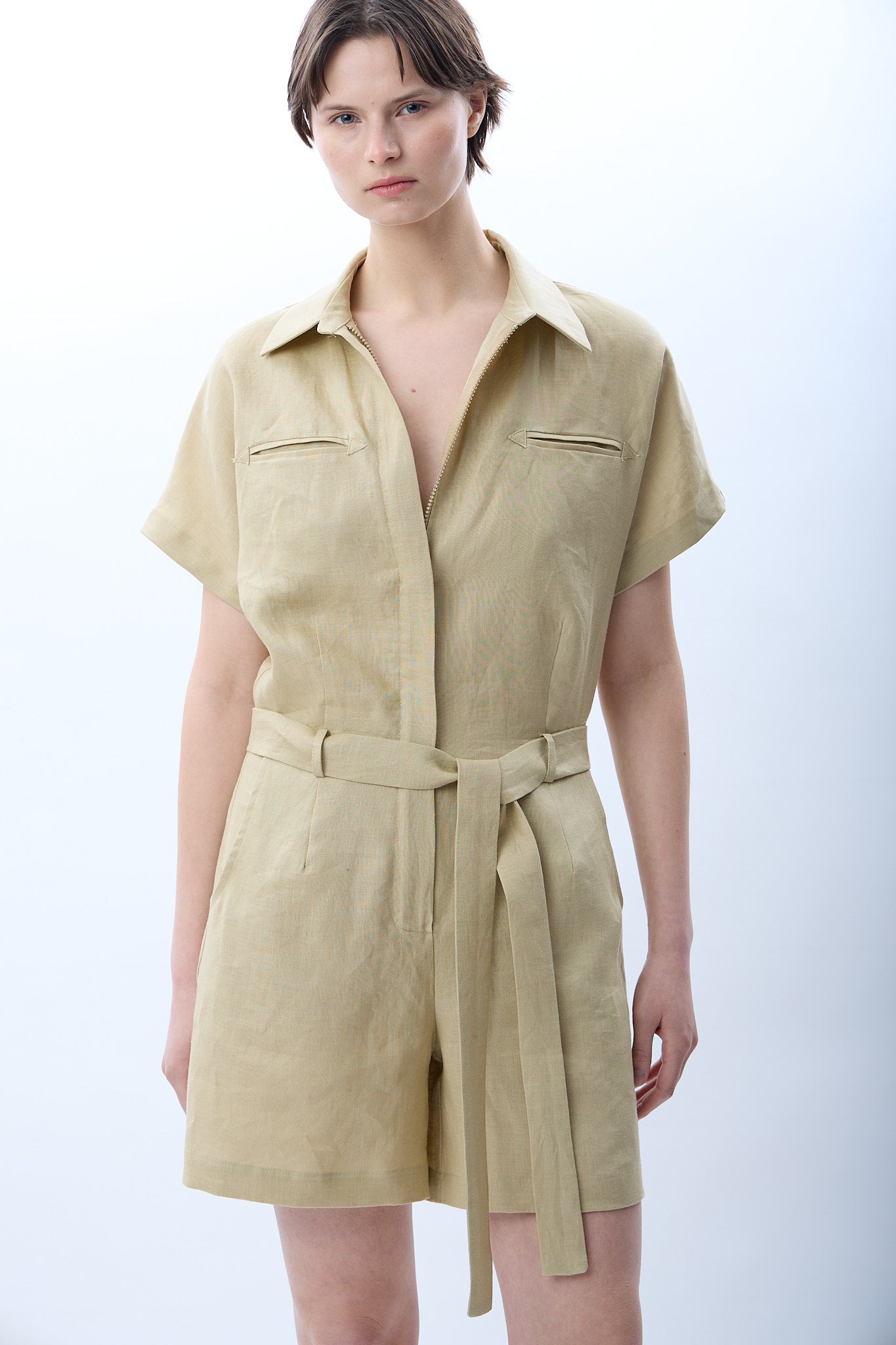 Diagonal-Gömlek Yaka Keten Tulum (Bej)-ELBİSE-15-Milagron.com