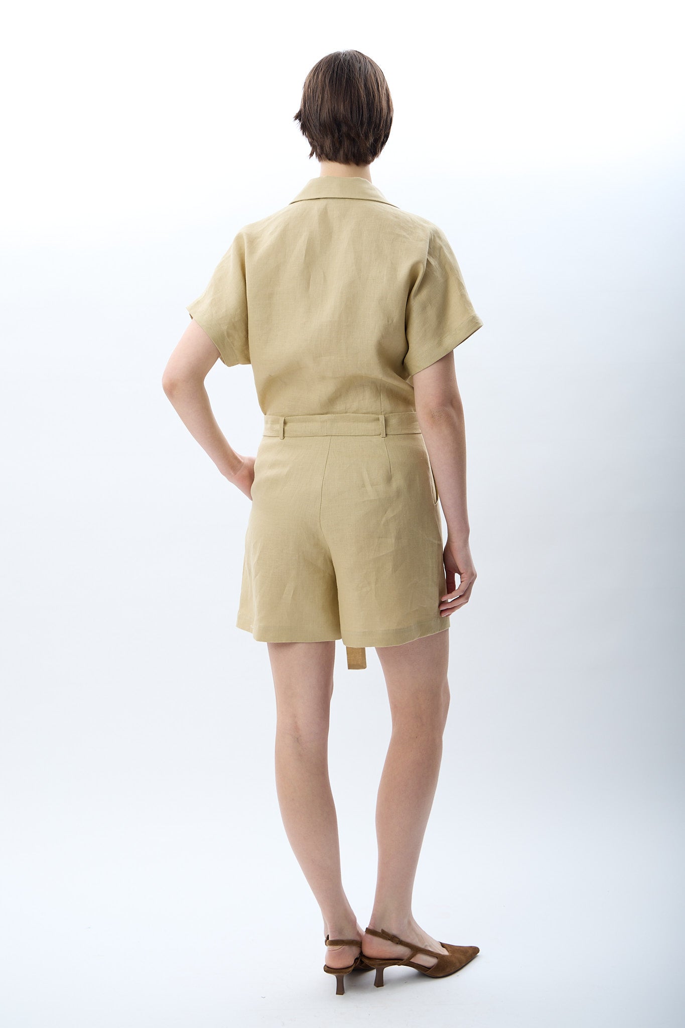 Diagonal-Gömlek Yaka Keten Tulum (Bej)-ELBİSE-17-Milagron.com