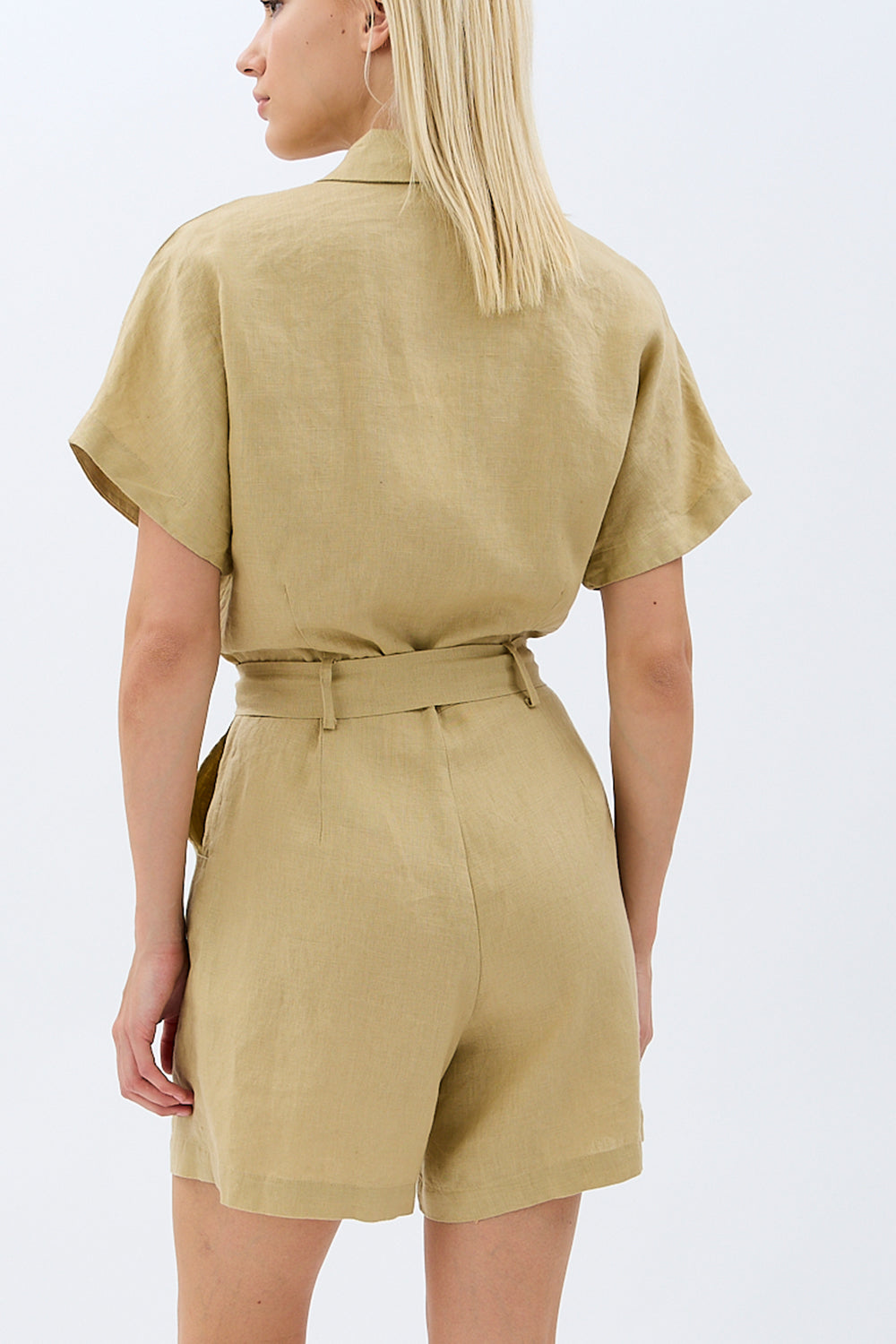 Diagonal-Gömlek Yaka Keten Tulum (Bej)-ELBİSE-5-Milagron.com