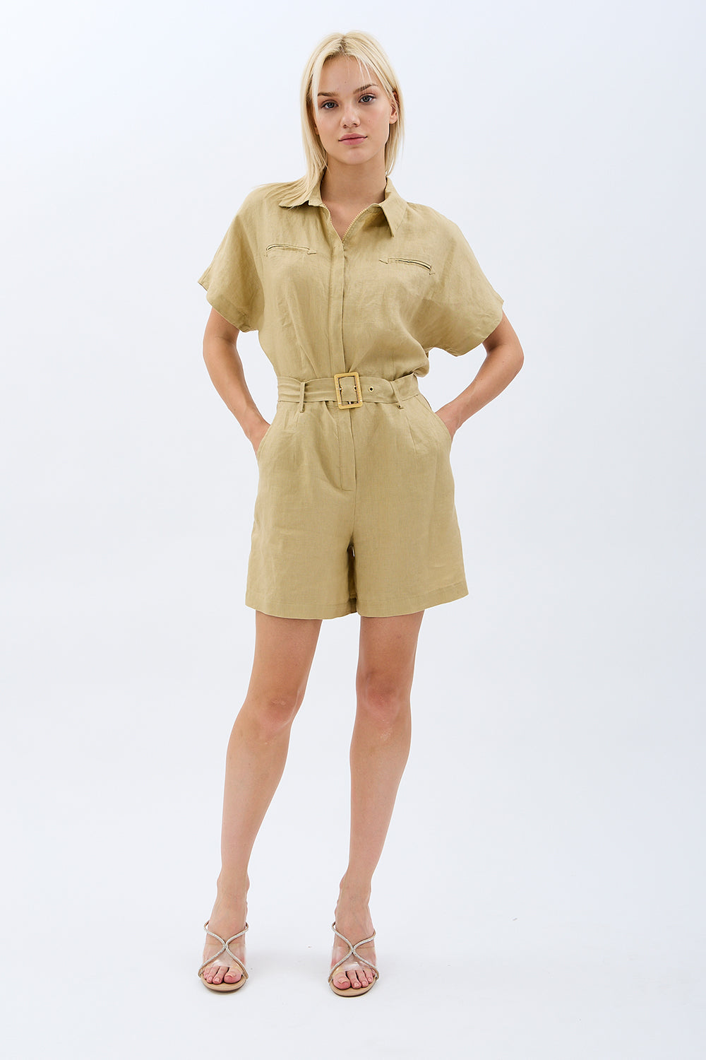 Diagonal-Gömlek Yaka Keten Tulum (Bej)-ELBİSE-6-Milagron.com