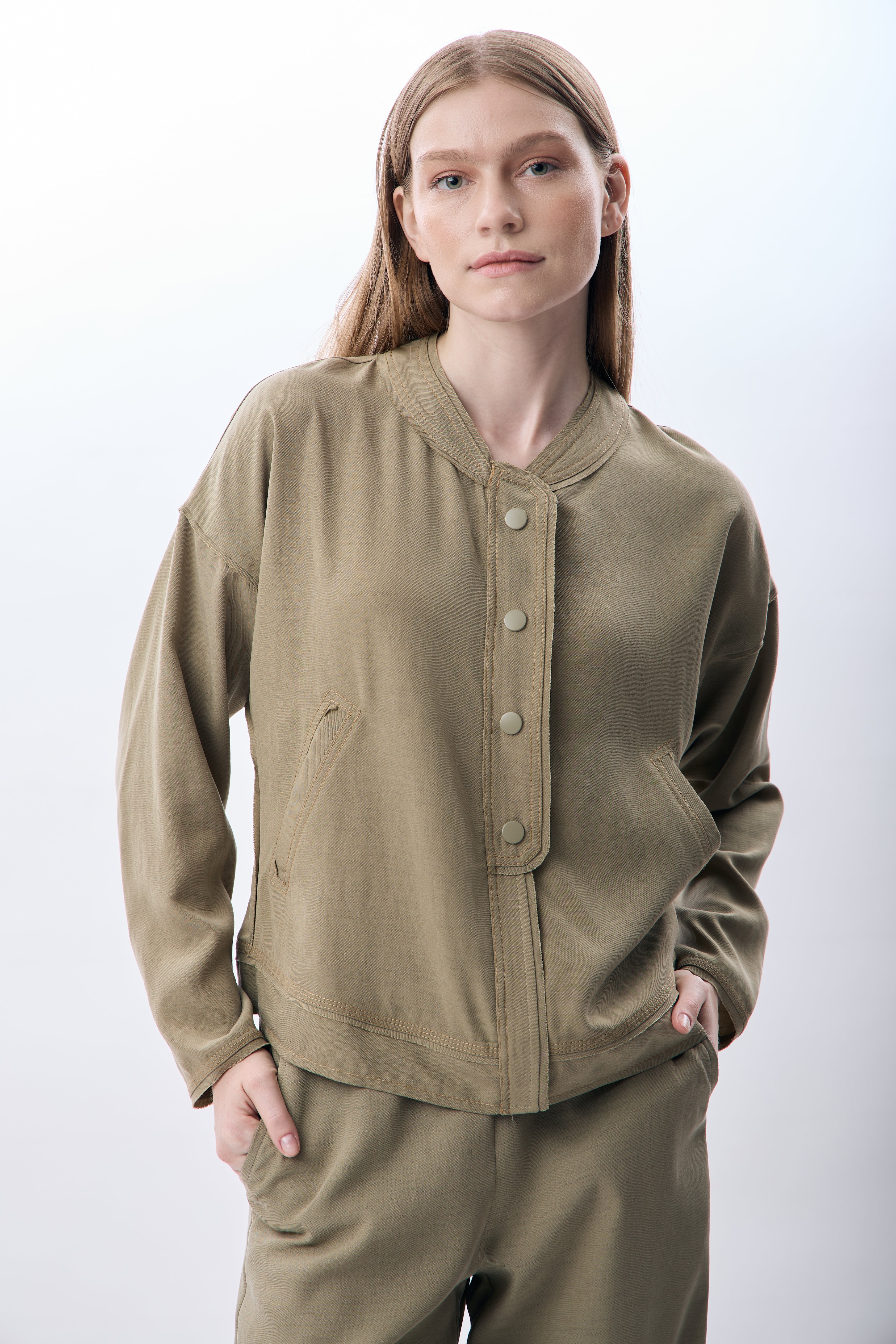 Diagonal-Hakim Yaka Düğmeli Kısa Ceket (Haki)-CEKET-1-Milagron.com