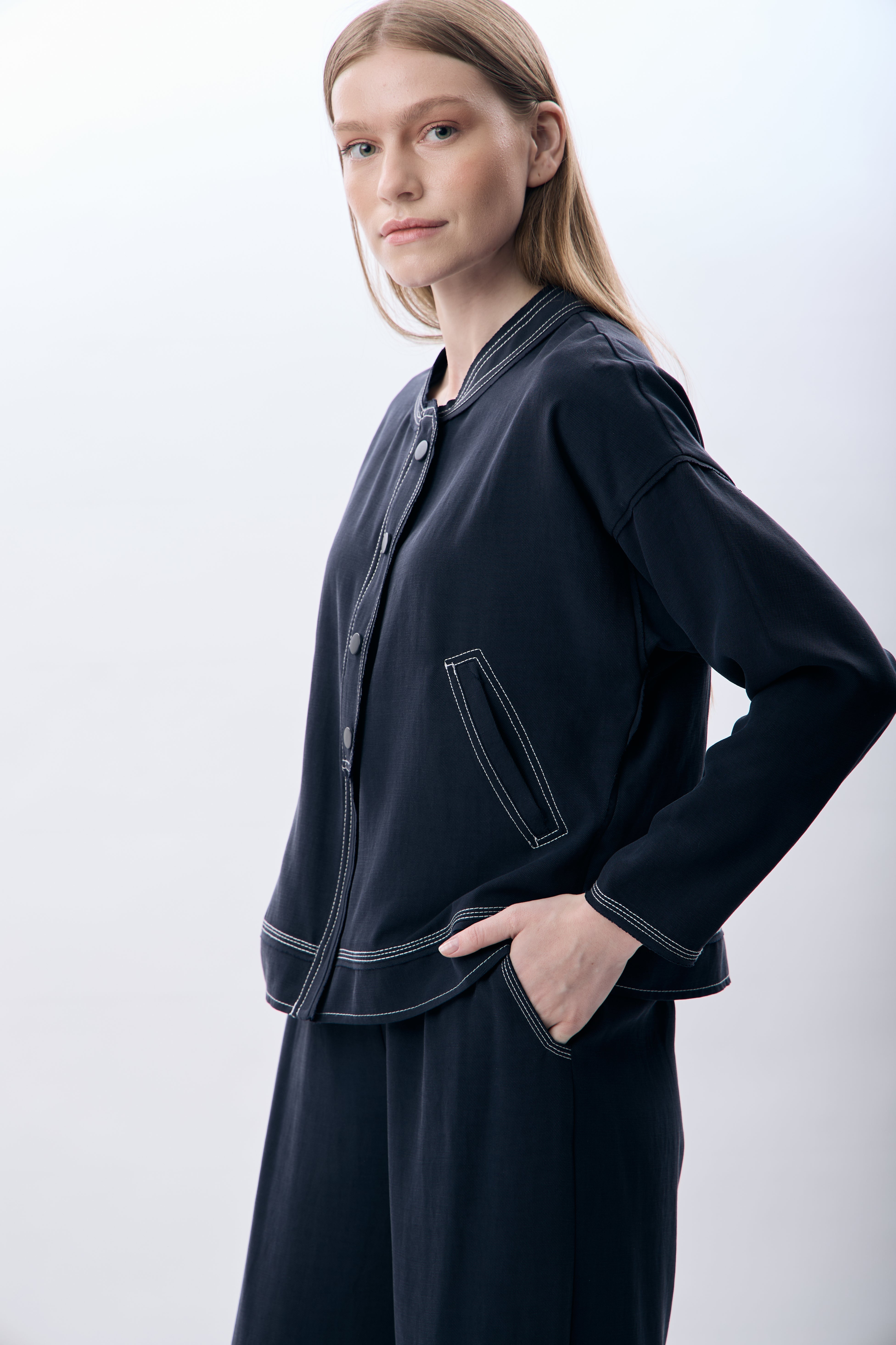 Diagonal-Hakim Yaka Düğmeli Kısa Ceket (Lacivert)-CEKET-1-Milagron.com