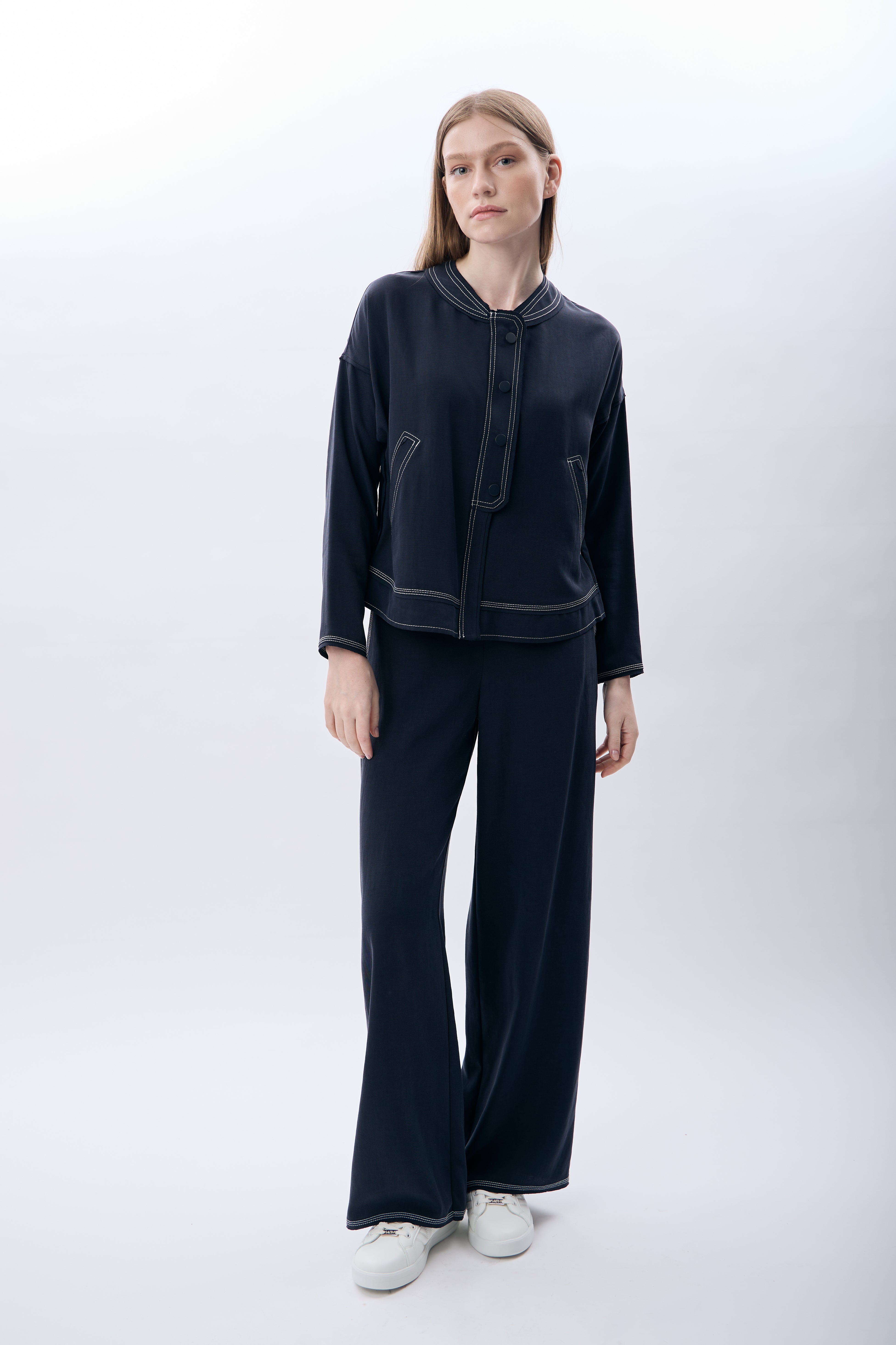 Diagonal-Hakim Yaka Düğmeli Kısa Ceket (Lacivert)-CEKET-3-Milagron.com