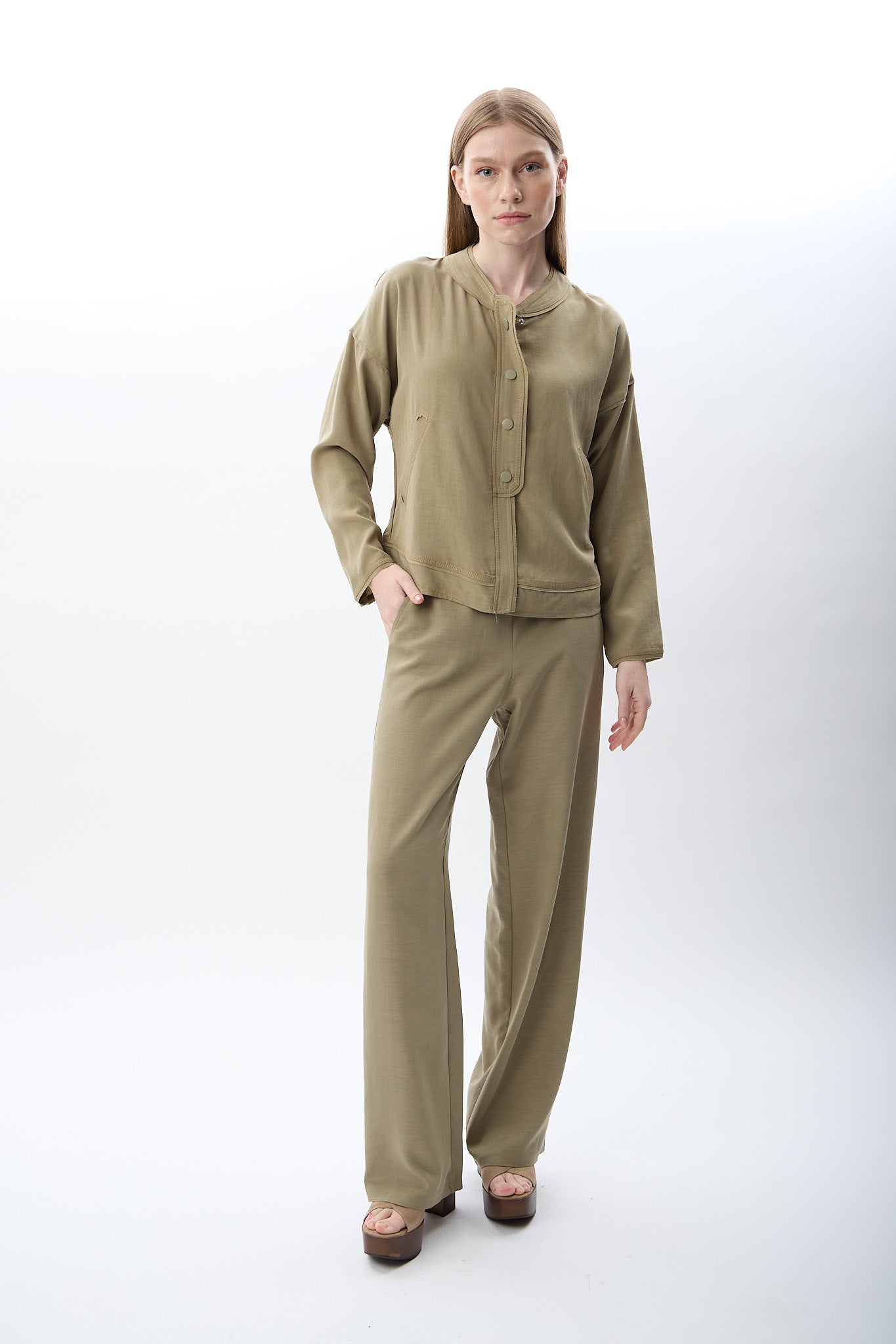 Diagonal-Hakim Yaka Düğmeli Kısa Ceket (Haki)-CEKET-5-Milagron.com