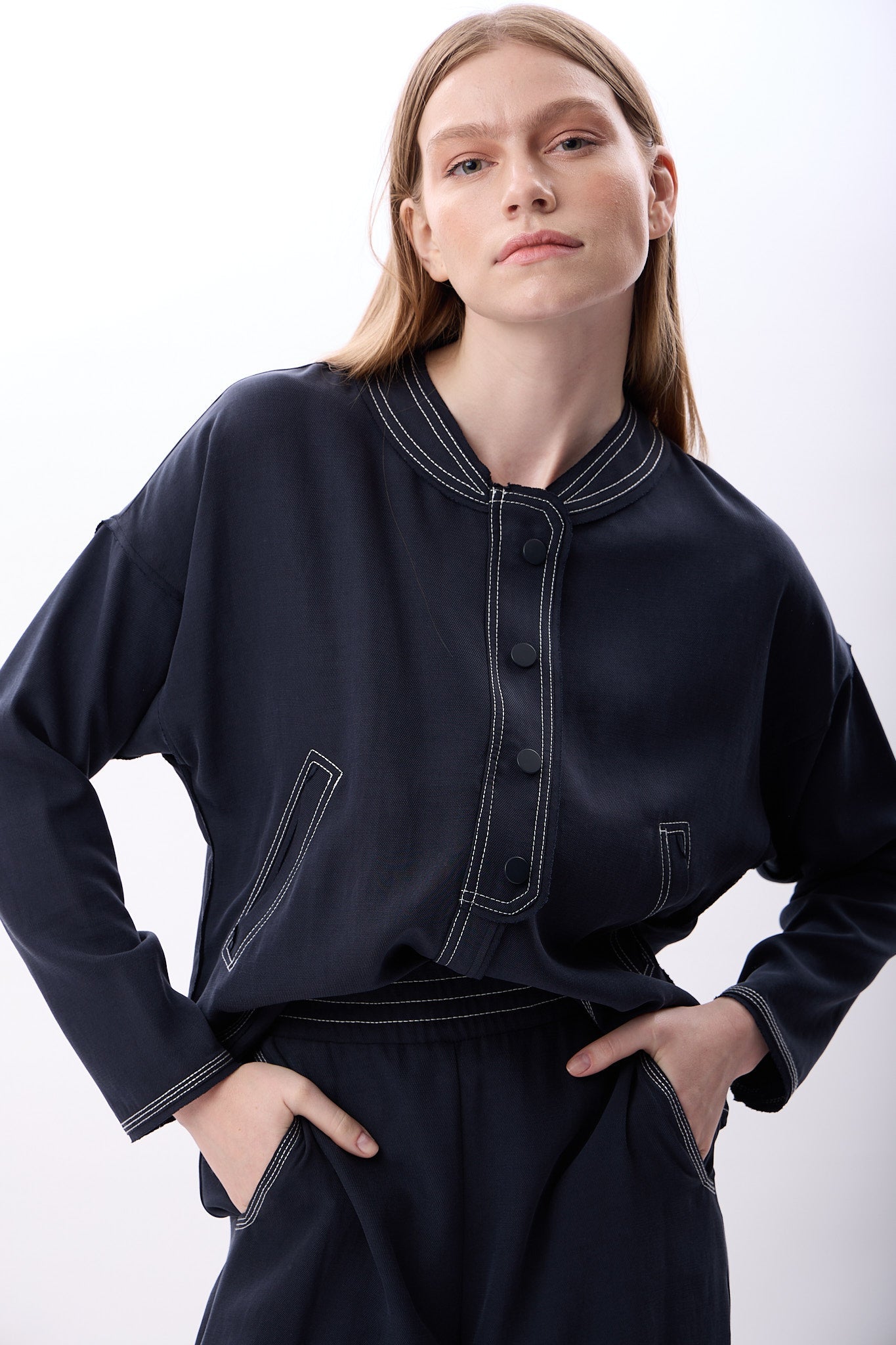 Diagonal-Hakim Yaka Düğmeli Kısa Ceket (Lacivert)-CEKET-7-Milagron.com