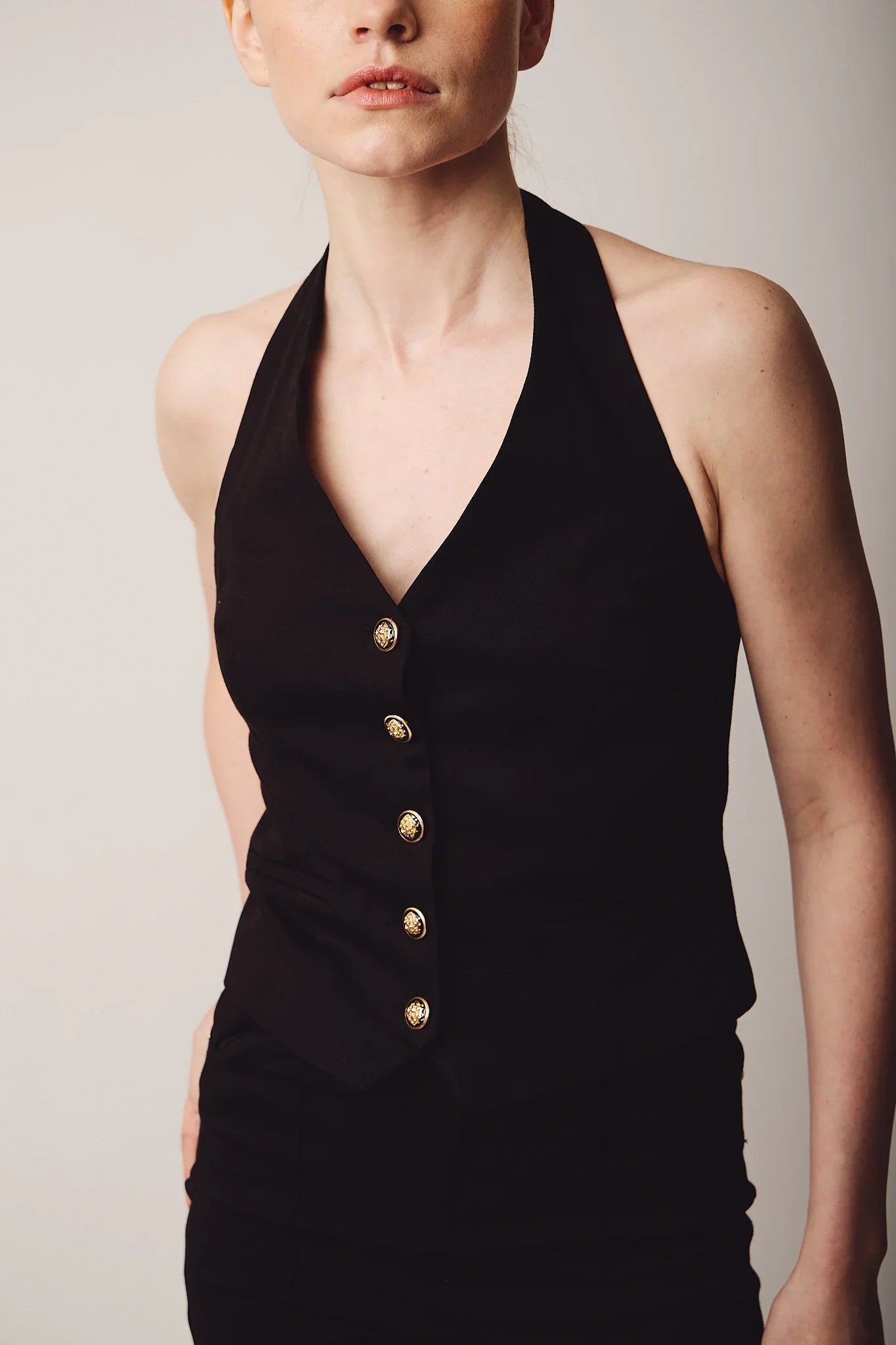 Diagonal-Halter Yaka Düğmeli Yelek-Yelek-6-Milagron.com