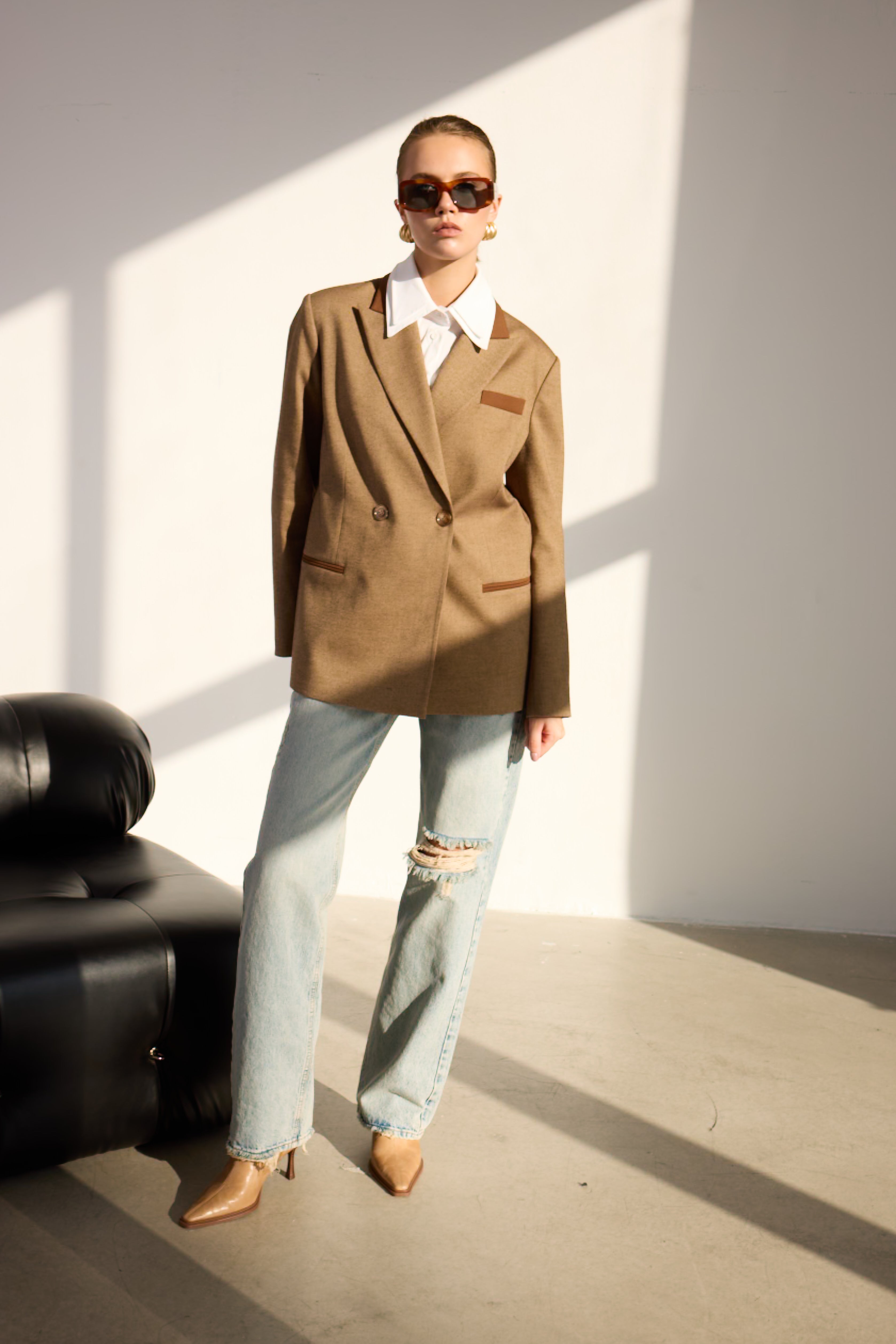 Diagonal-Kahverengi Kruvaze Blazer Ceket-Ceket-5-Milagron.com