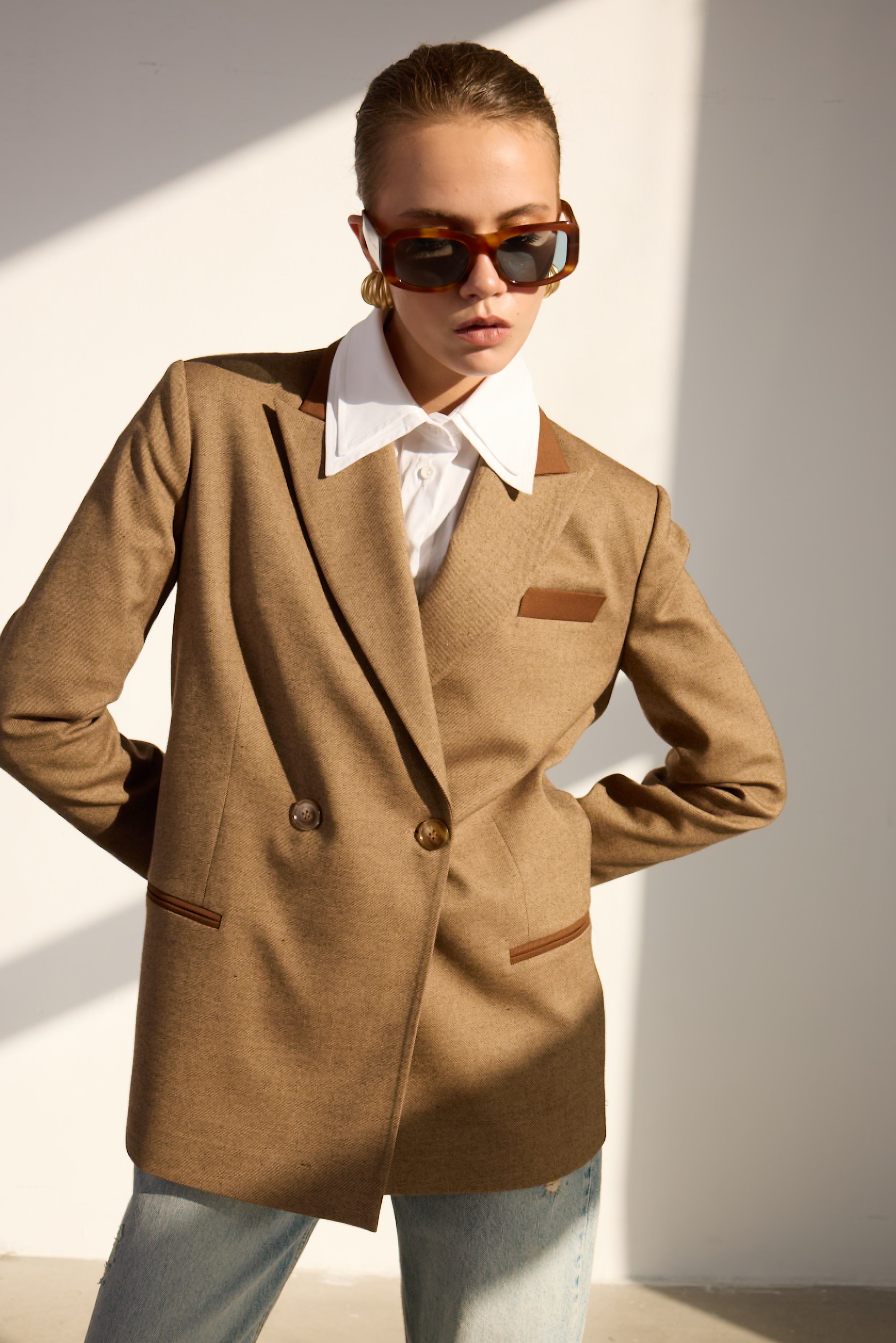 Diagonal-Kahverengi Kruvaze Blazer Ceket-Ceket-6-Milagron.com