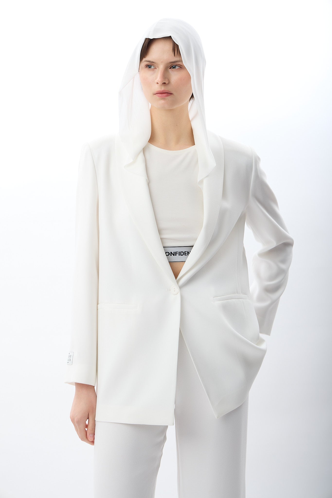 Diagonal-Kapüşonlu Blazer Ceket (Ekru)-CEKET-6-Milagron.com