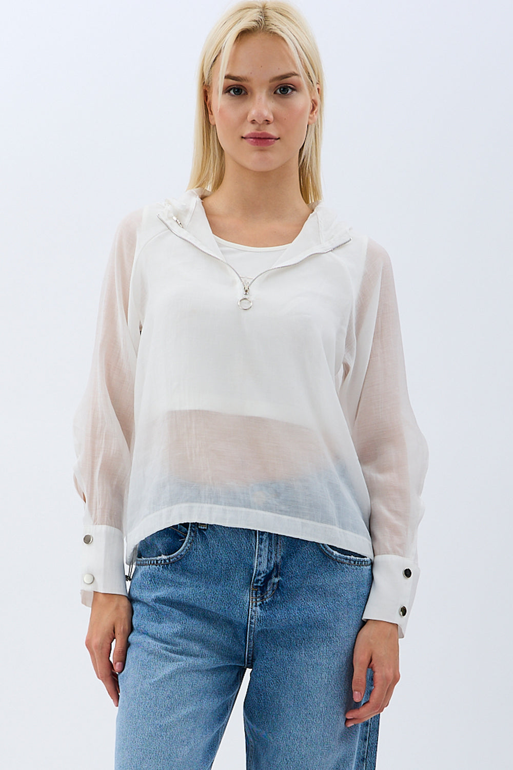 Diagonal-Kapüşonlu Bluz (Ekru)-BLUZ-1-Milagron.com