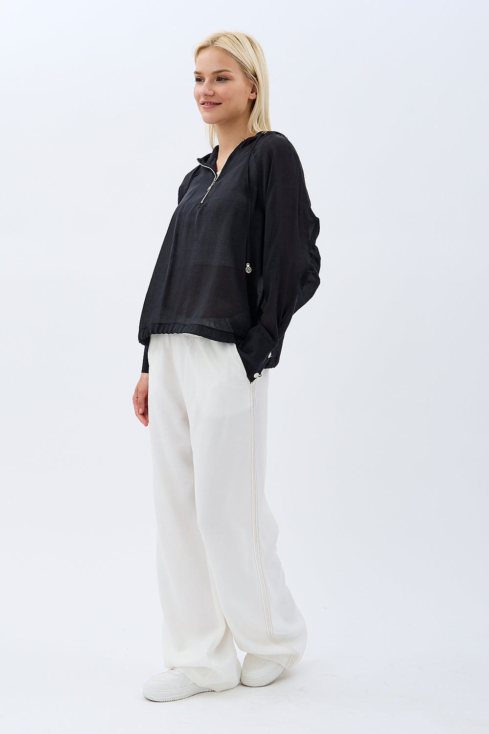 Diagonal-Kapüşonlu Bluz (Siyah)-BLUZ-9-Milagron.com