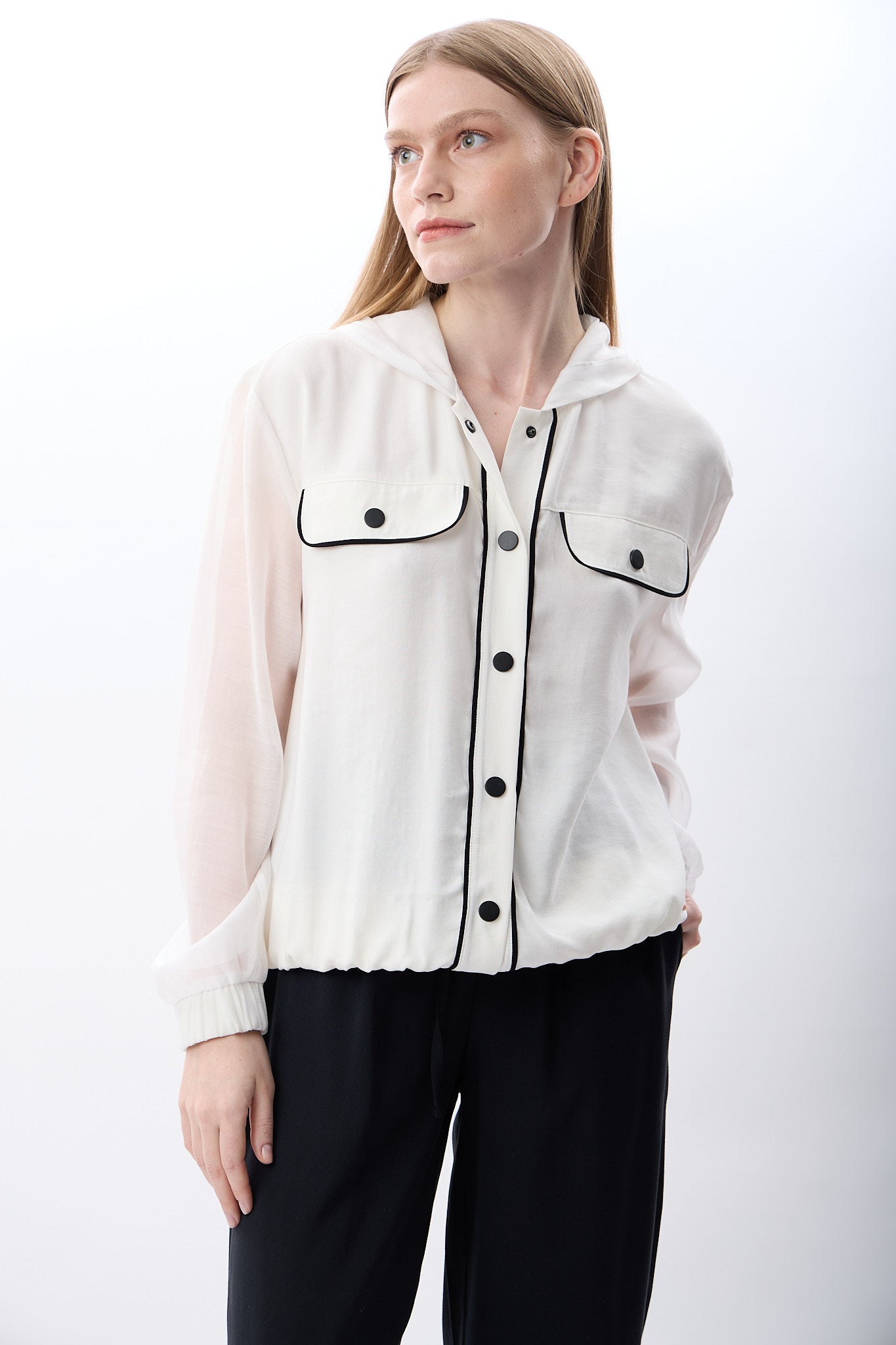 Diagonal-Kapüşonlu İnce Sweatshirt Gömlek (Beyaz)-GÖMLEK-3-Milagron.com