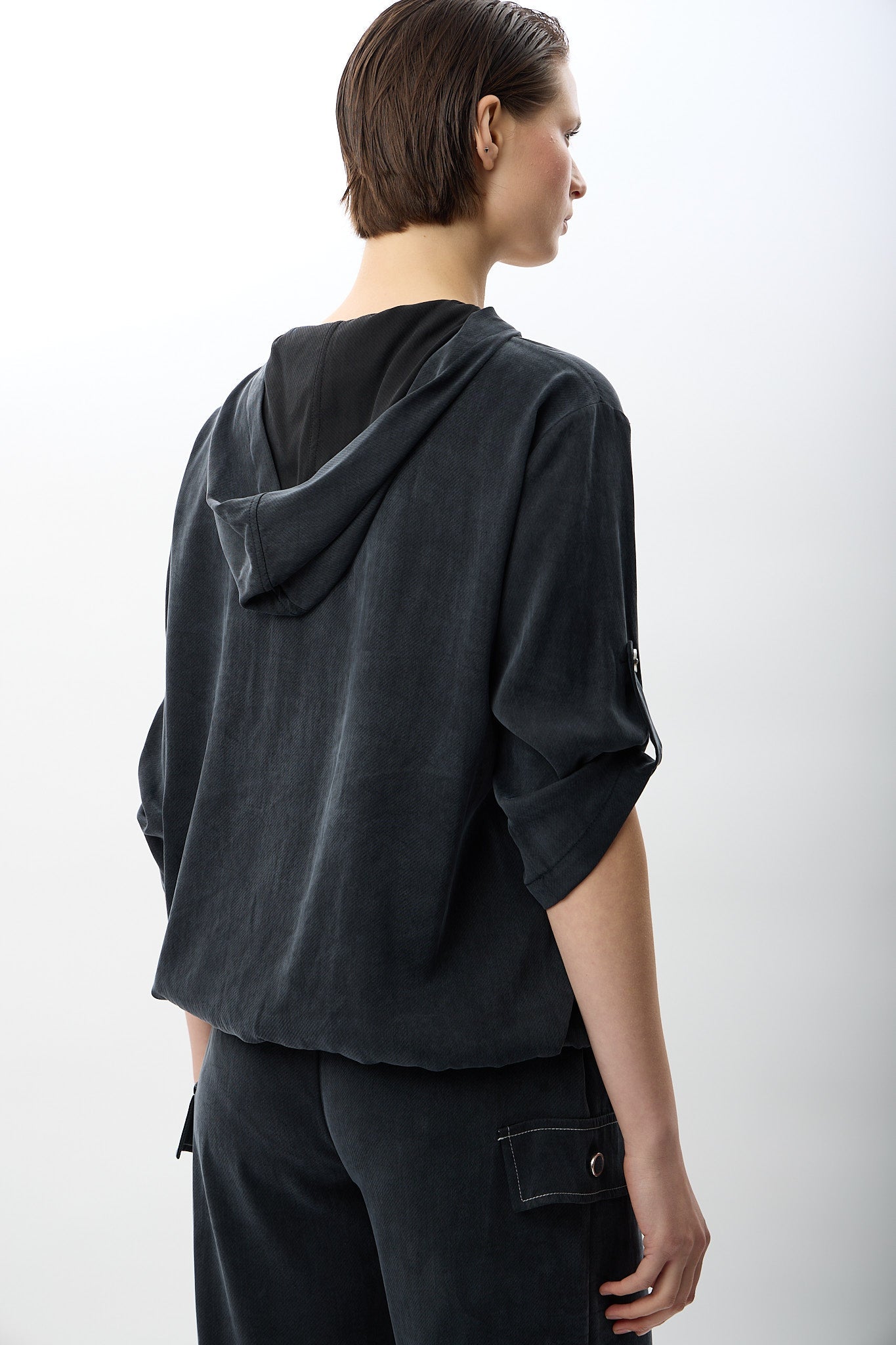 Diagonal-Kapüşonlu Ve Yarım Fermuarlı Bluz (Siyah)-BLUZ-4-Milagron.com