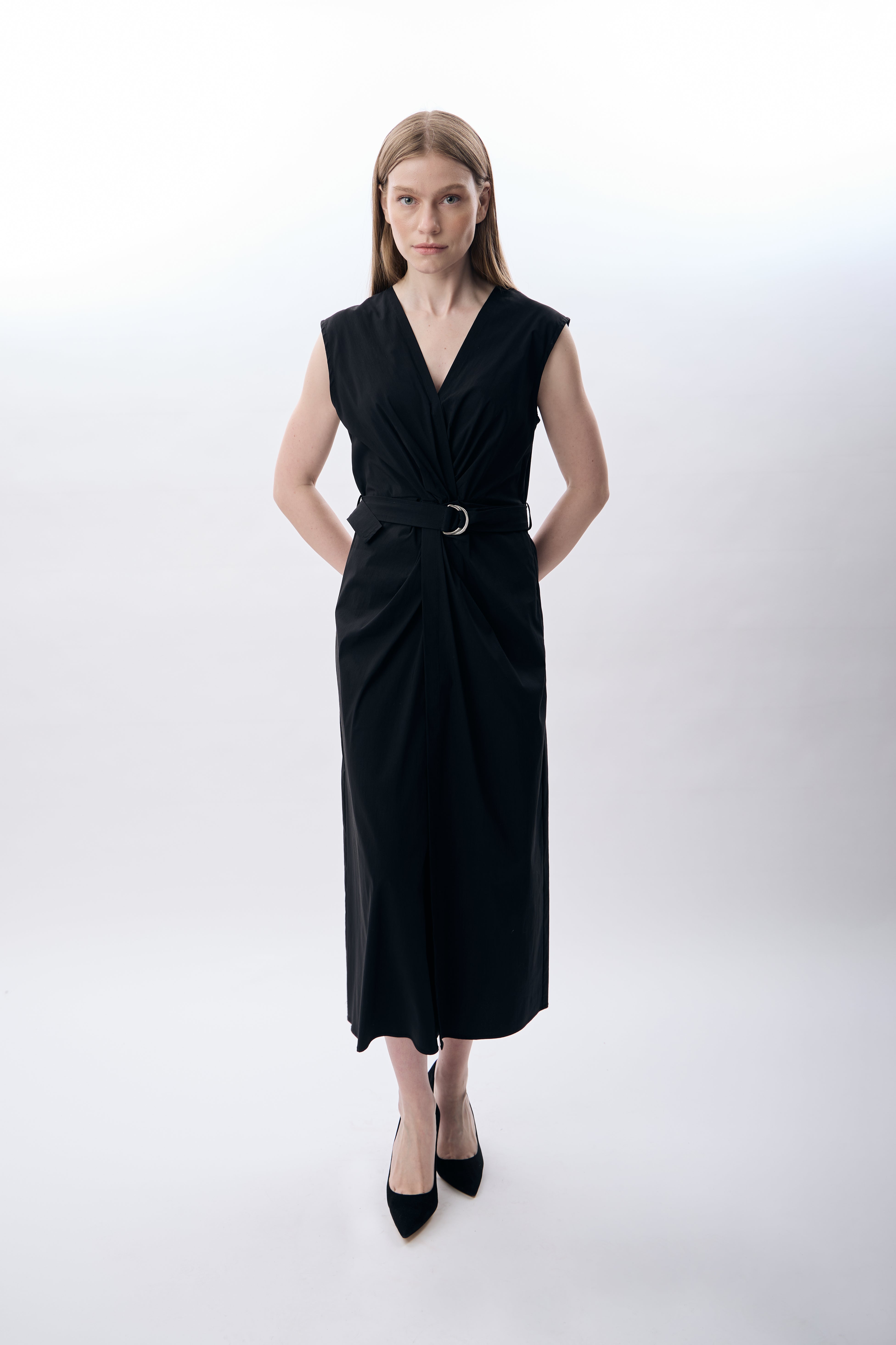 Diagonal-Kemer Detaylı Uzun Elbise-Elbise-4-Milagron.com